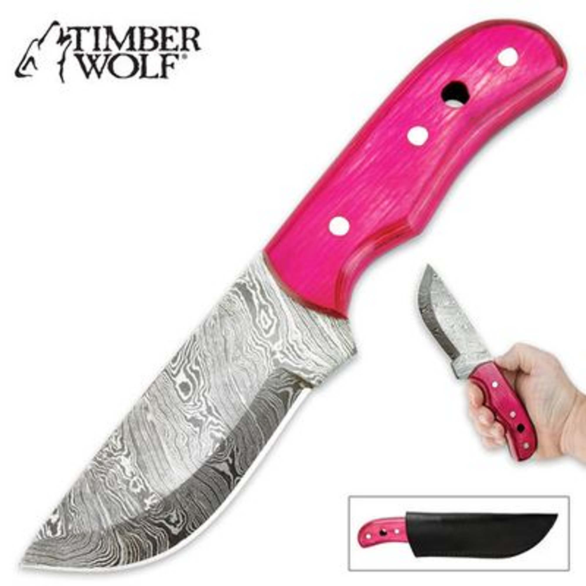 Timber Wolf Pakkawood Damascus Fixed Blade Hunter Knife - Pink