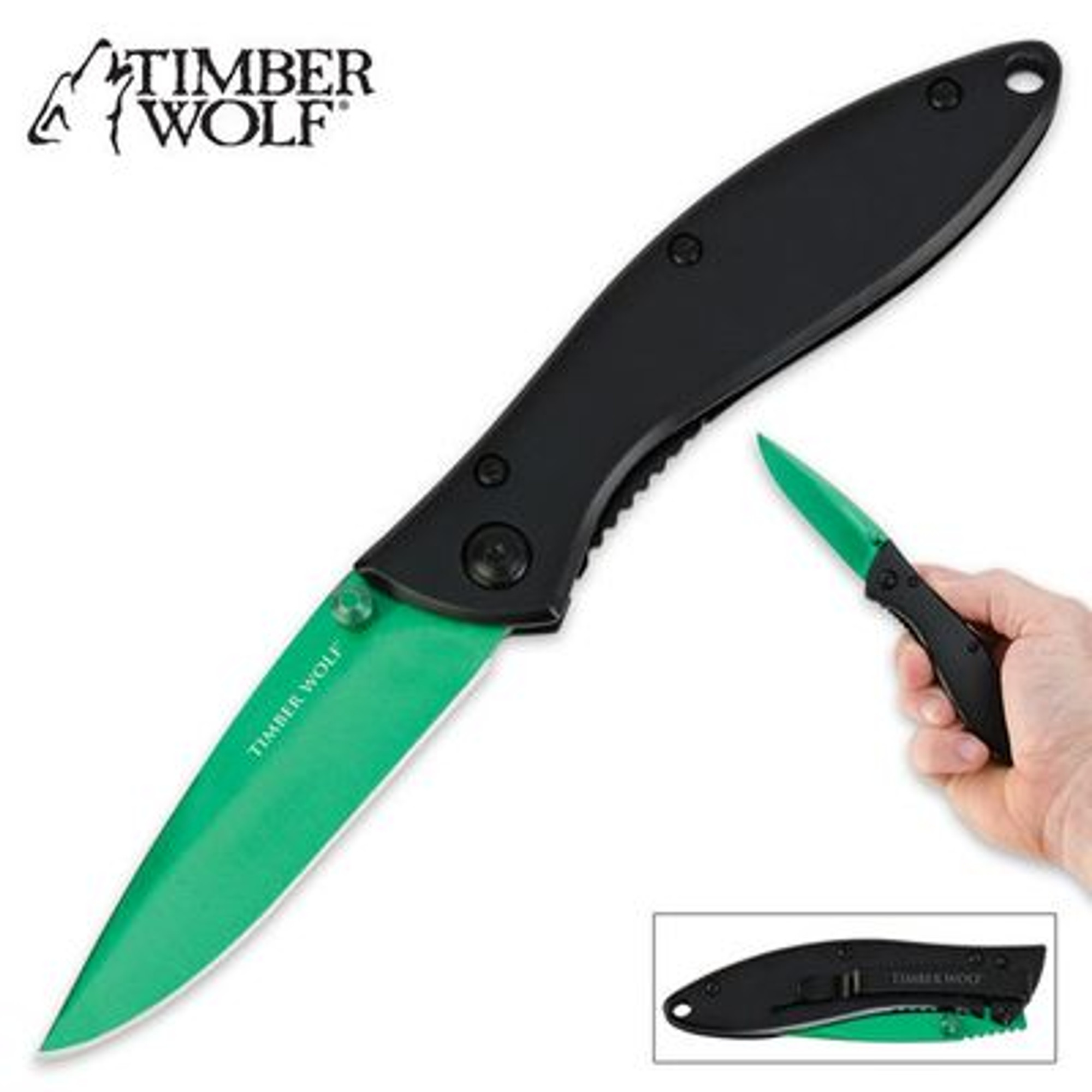 Timber Wolf Ti-Coated Rainbow Folding Pocket Knife w/ Black Handle - Green