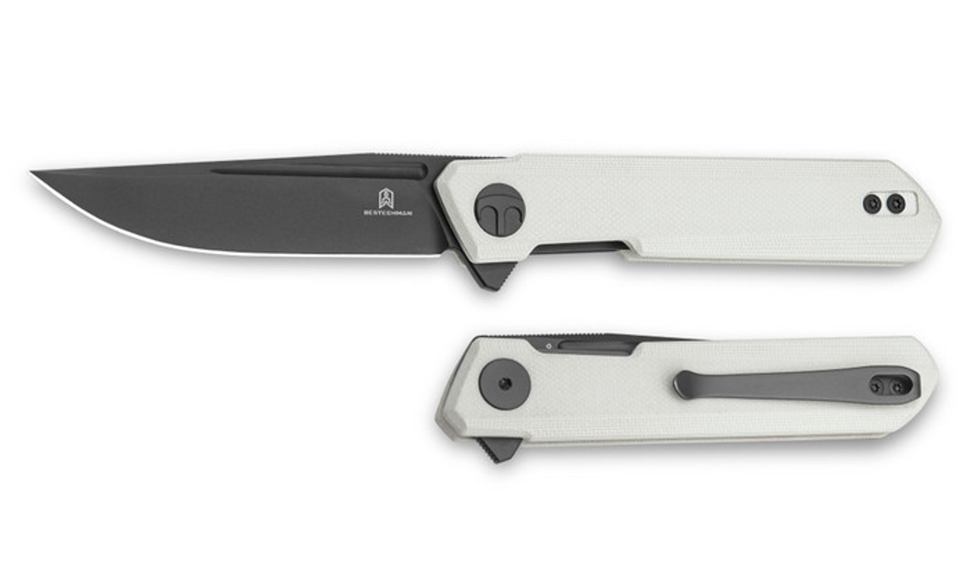 Bestechman Mini Dundee Flipper Folding Knife D2 Grey DLC G10 White