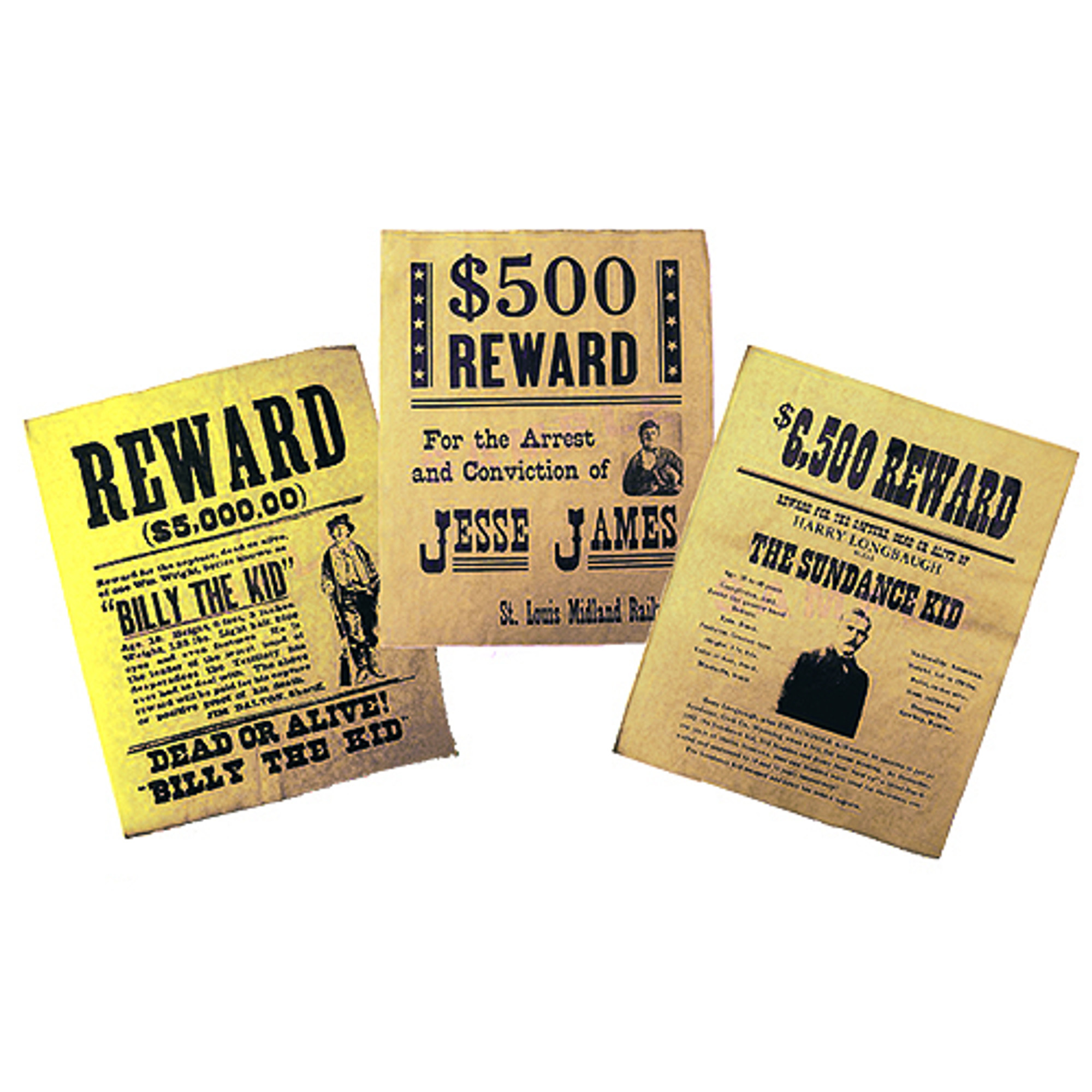 Replica Wanted Poster Set Billy the Kid, Jesse James, The Sundance Kid