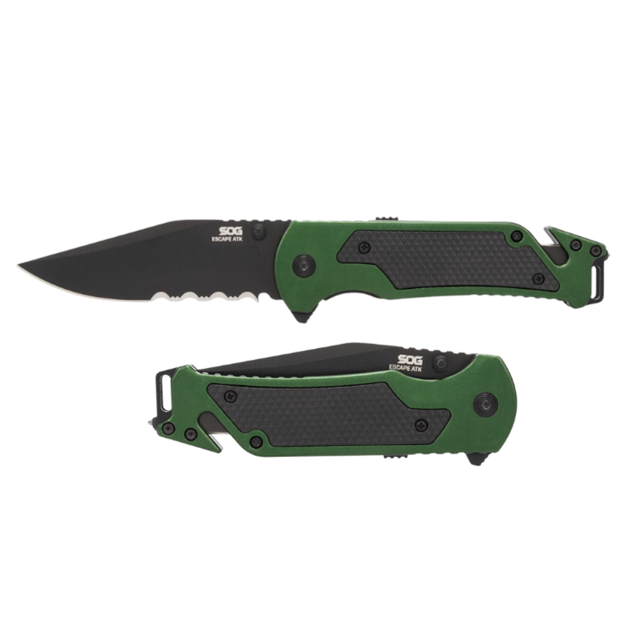 SOG Escape ATK 2.0 A/O Black Partially Serrated Blade Aluminum Green Handle  SOG Escape ATK 2.0 A/O Black Partially Serrated Blade Aluminum Green Handle