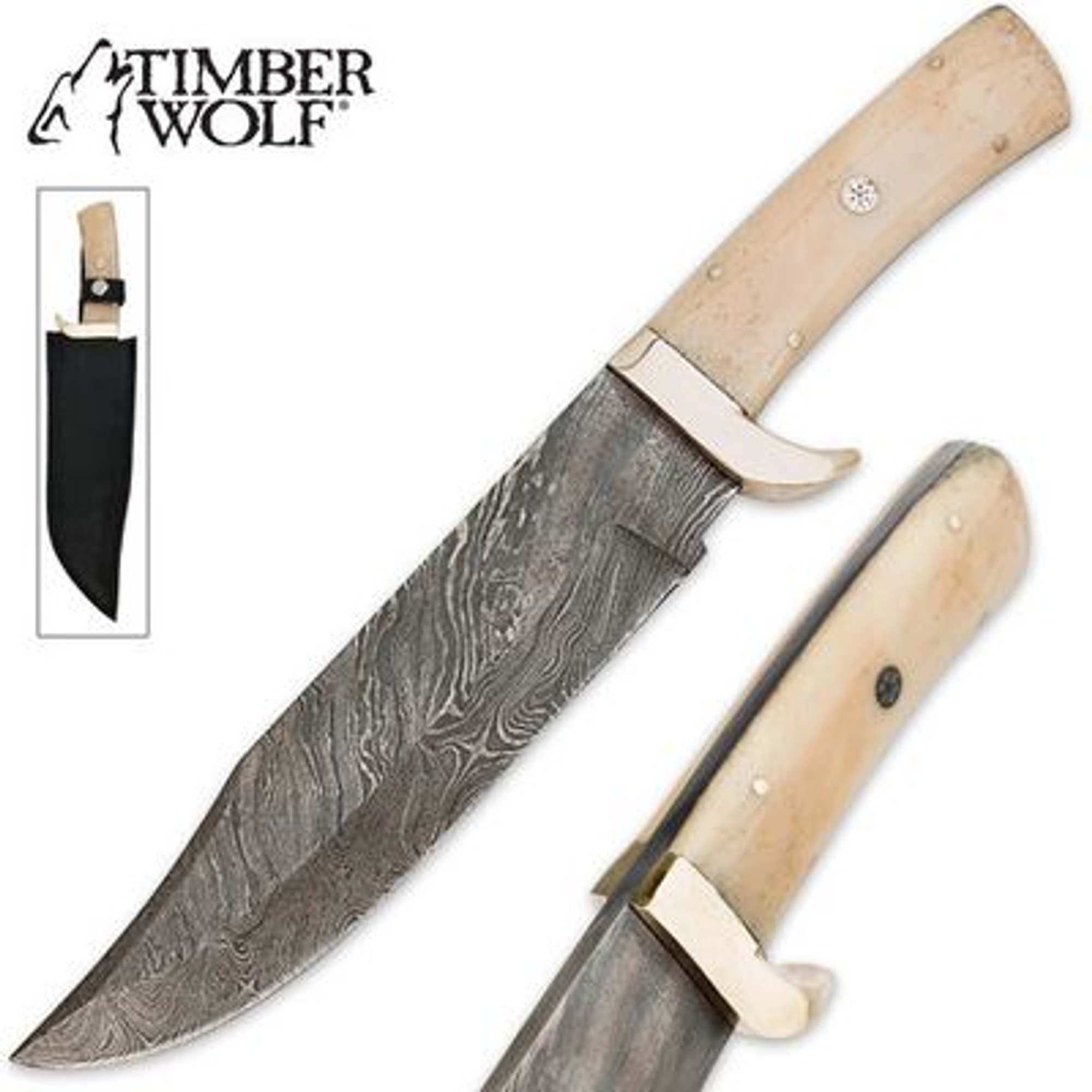 Timber Wolf Damascus & Camel Bone Fixed Blade Clip Point Bowie Knife