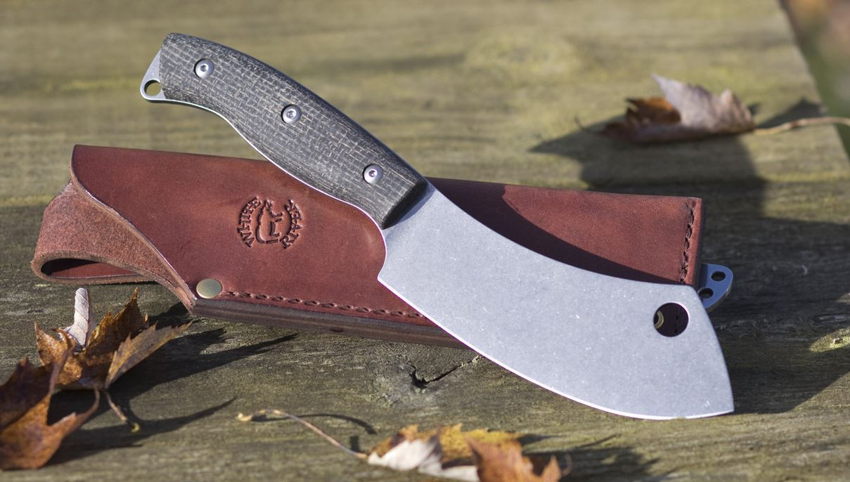 White River Camp Cleaver Fixed Blade Knife Black Burlap Micarta Leather Sheath