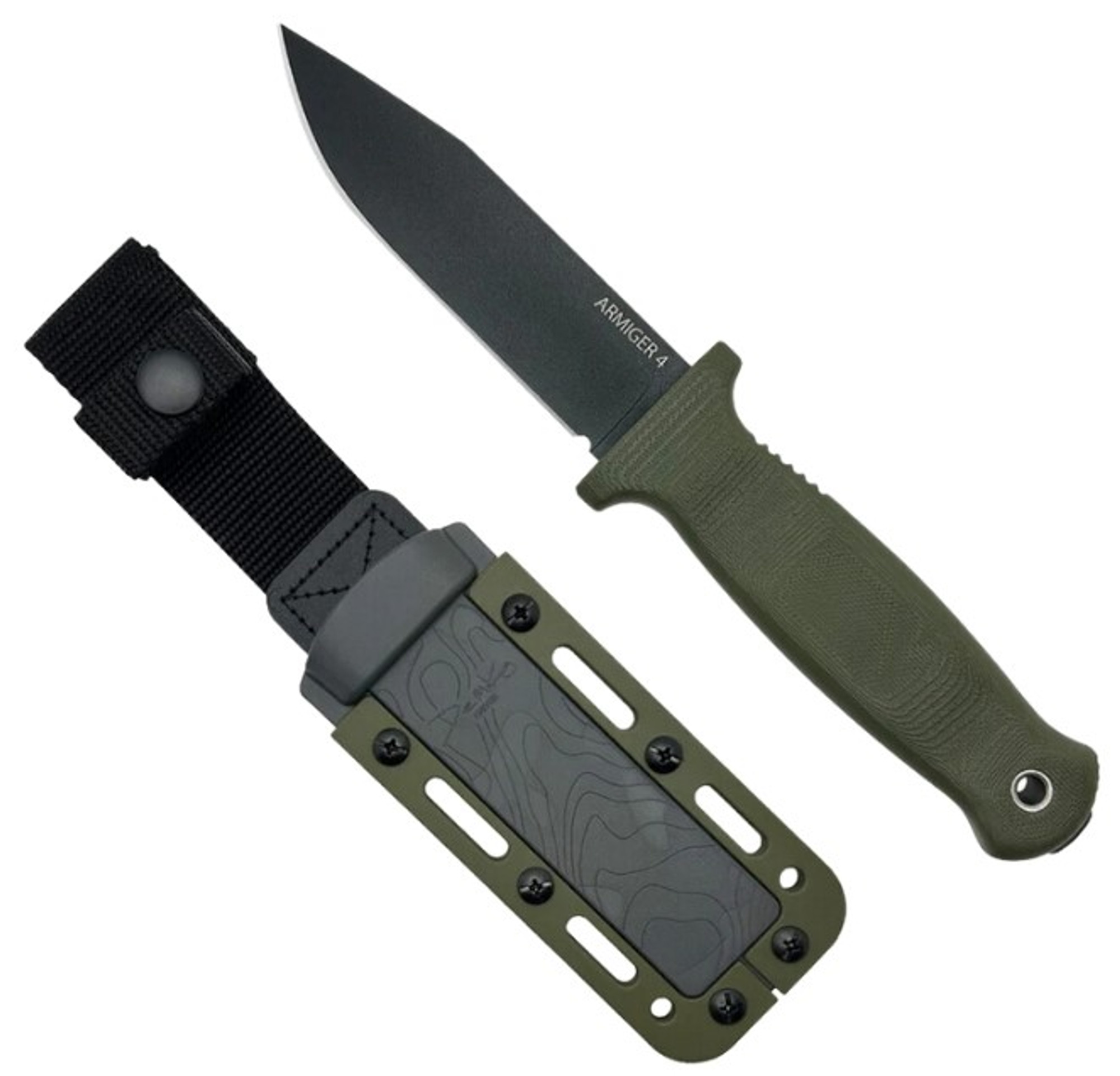 Demko Armiger 4 Fixed Blade Knife, 80CrV2 Black Clip Point, OD Green Handle, Kydex Sheath