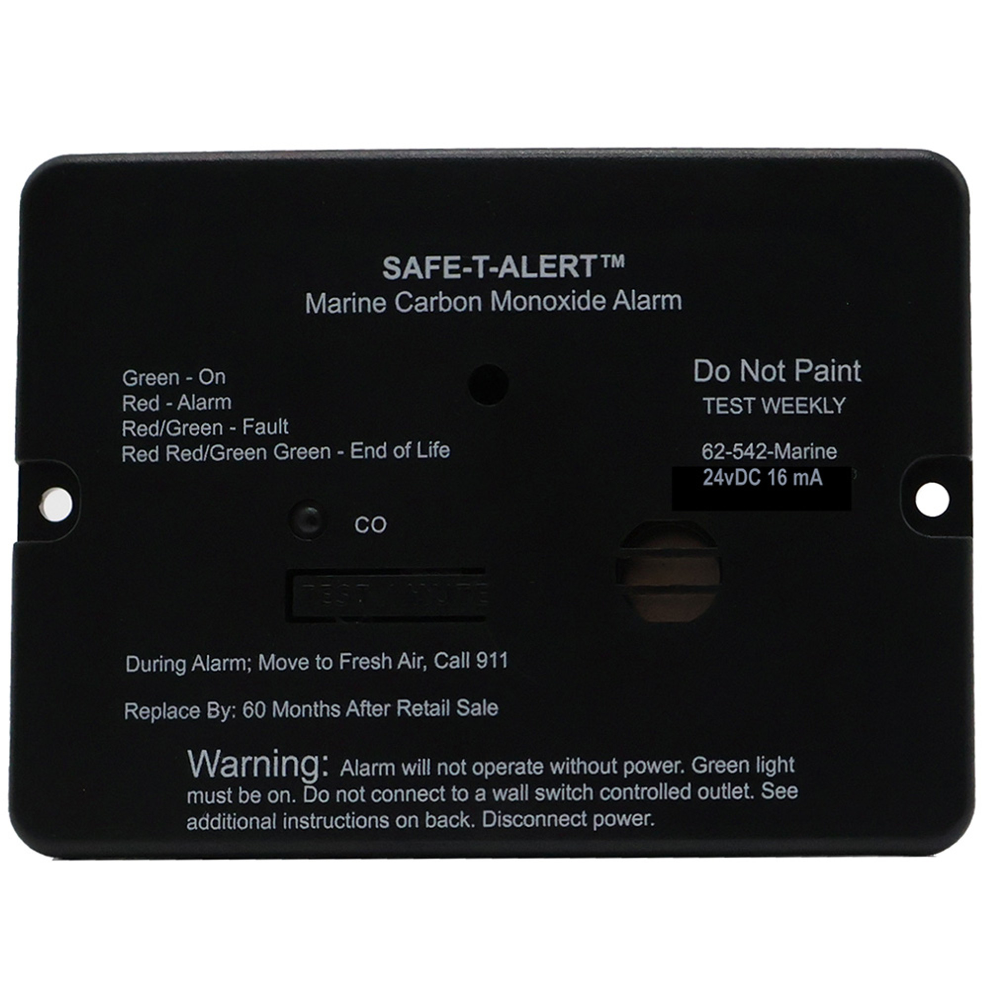 Safe-T-Alert 62 Series Marine Carbon Monoxide Alarm - 24V Flush Mount - Black