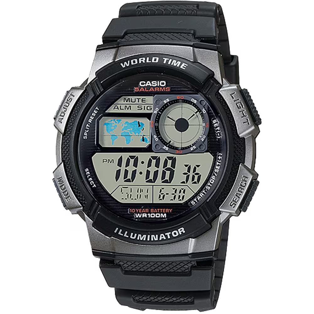 Classic World Time Digital Watch W/ 100 Meter Water-resistance
