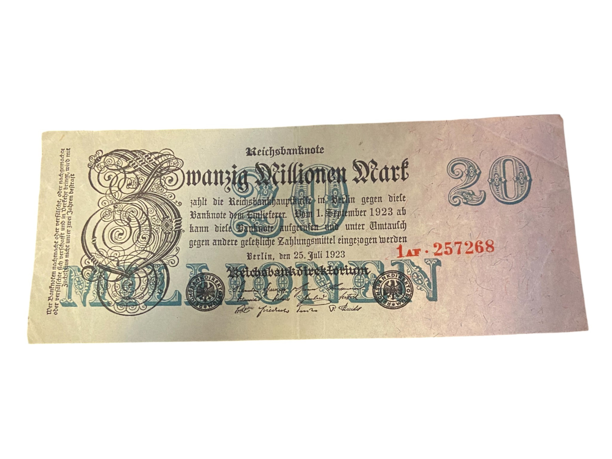 Vintage Weimar 1923 Republic 20 Million Marks Banknote