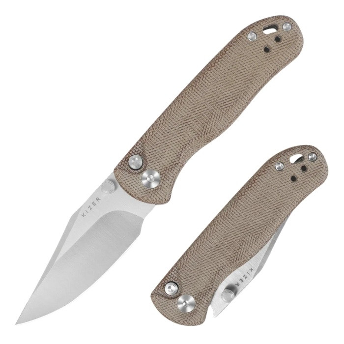 Kizer Drop Bear 2 Button Lock Nitro-V Satin Micarta Natural