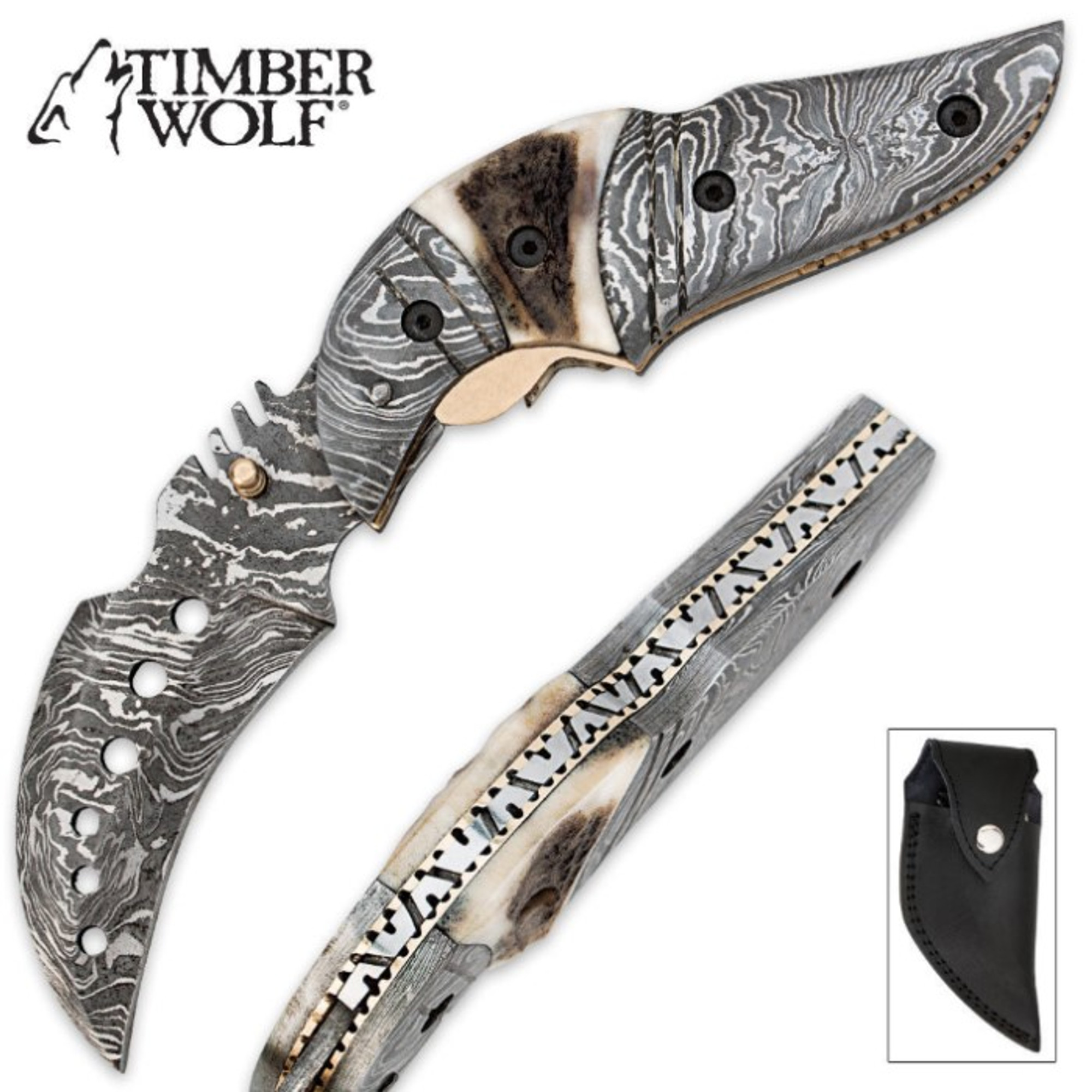 Timber Wolf Damascus & Stag Folding Karambit Knife w/Sheath