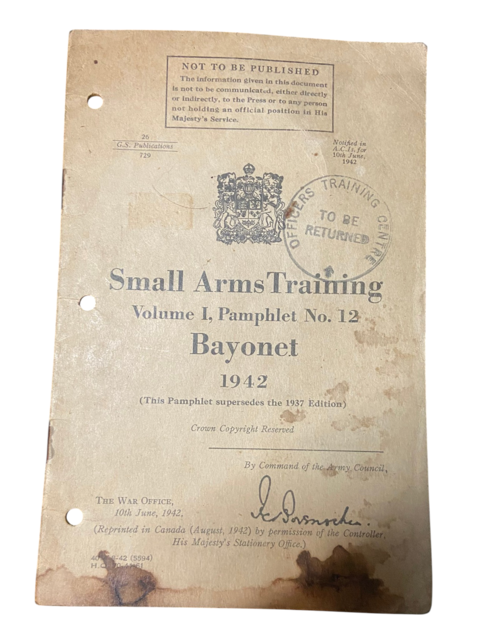 WW2 Canadian Small Arms Bayonet Training No. 12 - Dated 1942
