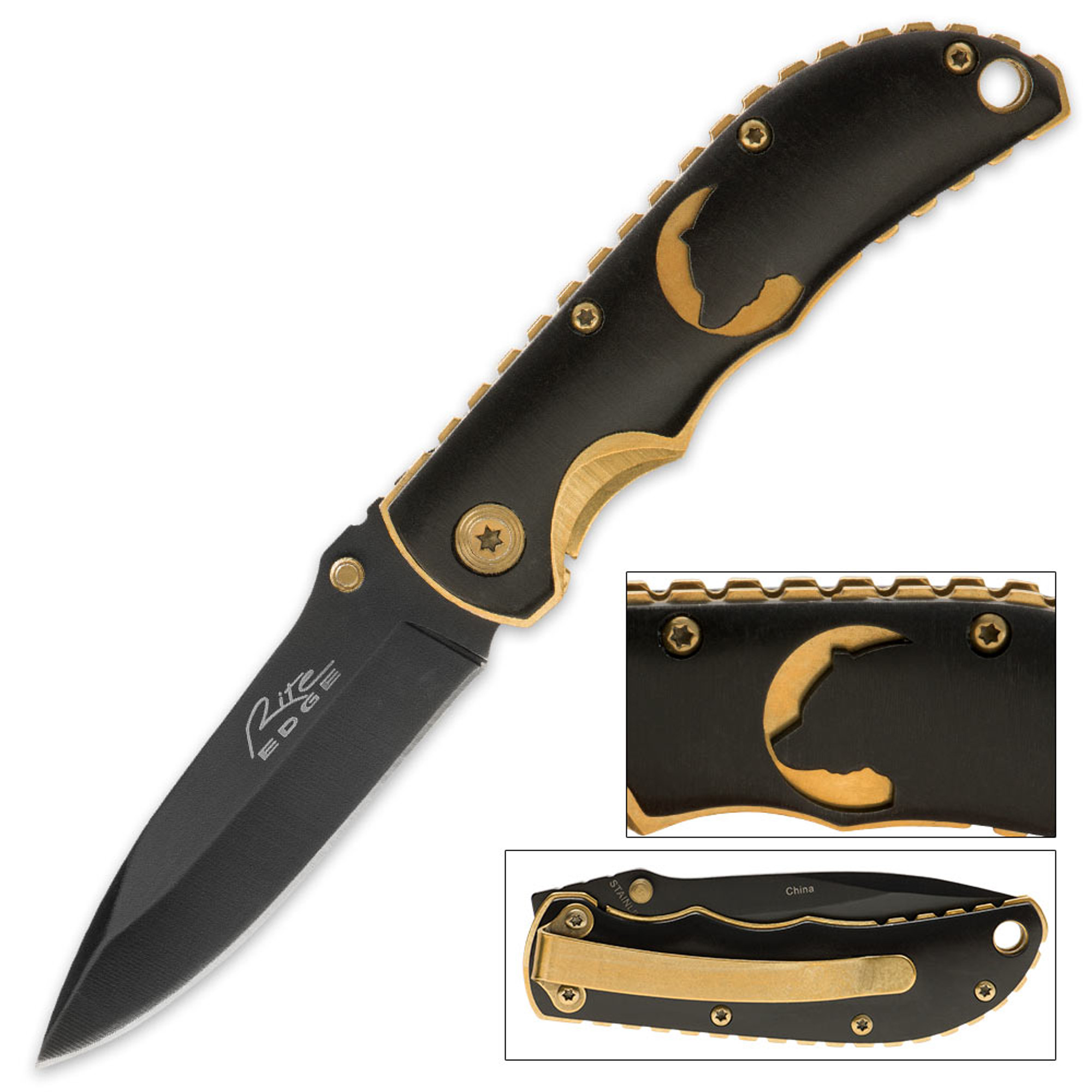 Bear Laser Cut Folding Knife Black & Gold - Hero Outdoors