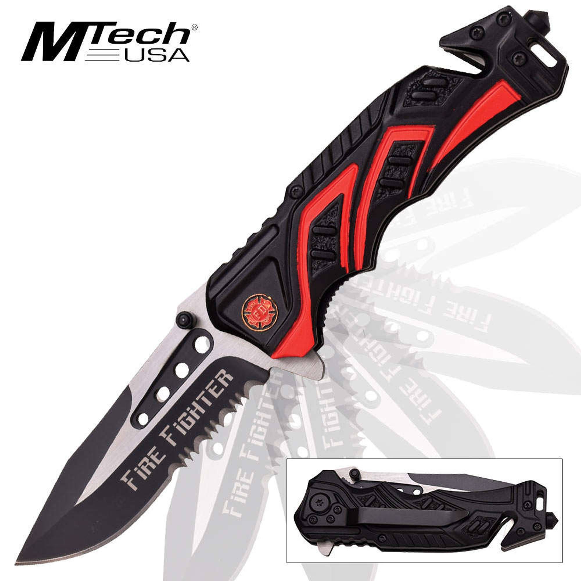 MTech USA Black Half Serrated w/Fire Fighter Logo Knife