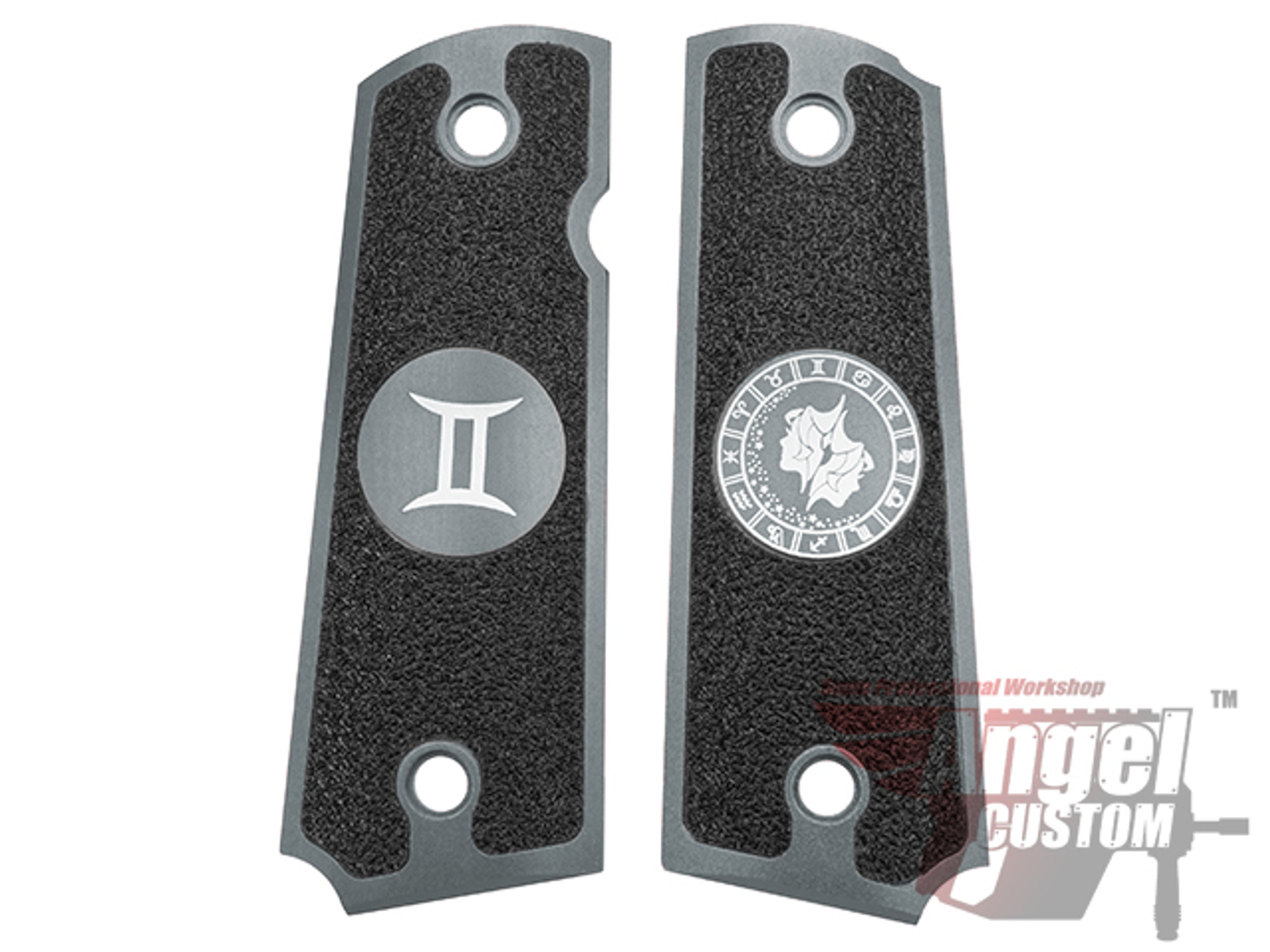 Angel Custom CNC Machined Tac-Glove "Zodiac" Grips for WE-Tech 1911 Series Airsoft Pistols - Gemini (Dark Grey)