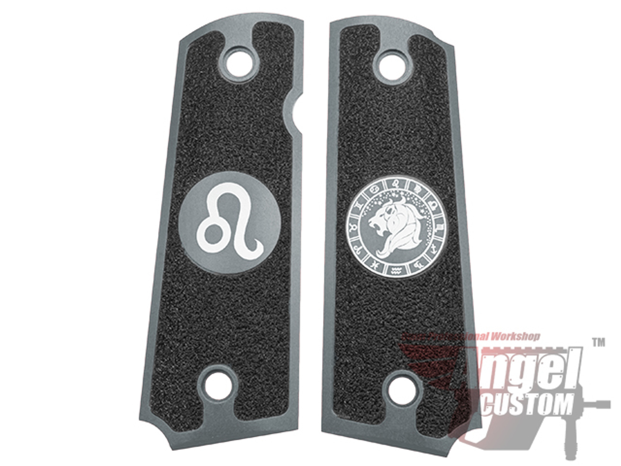 Angel Custom CNC Machined Tac-Glove "Zodiac" Grips for WE-Tech 1911 Series Airsoft Pistols - Leo (Dark Grey)