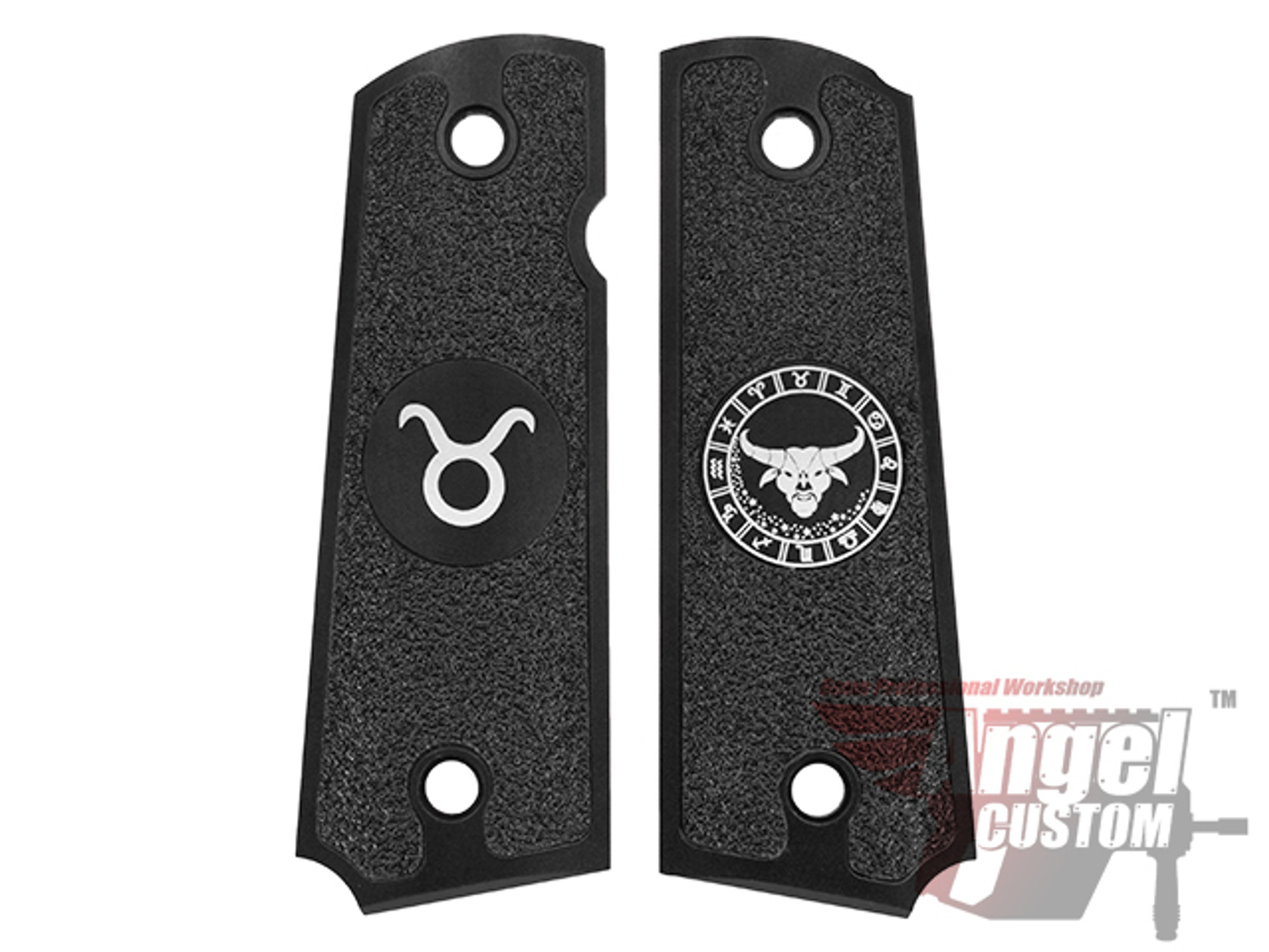 Angel Custom CNC Machined Tac-Glove "Zodiac" Grips for Tokyo Marui/KWA/Western Arms 1911 Series Airsoft Pistols - Black (Sign: Taurus)