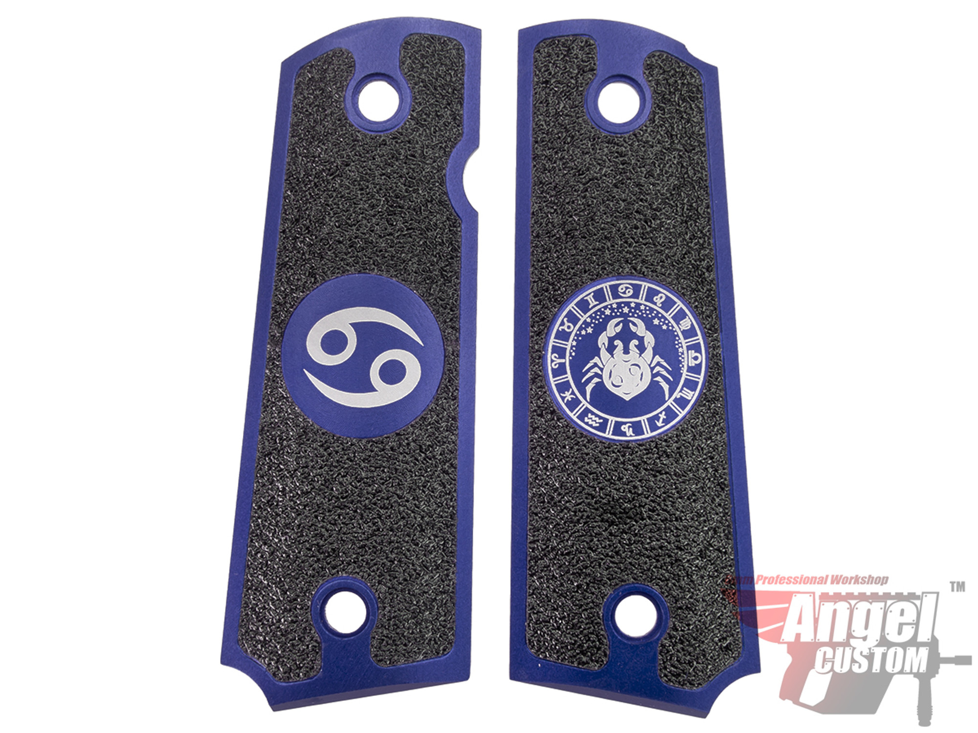 Angel Custom CNC Machined Tac-Glove "Zodiac" Grips for Tokyo Marui/KWA/Western Arms 1911 Series Airsoft Pistols - Navy Blue (Sign: Cancer)