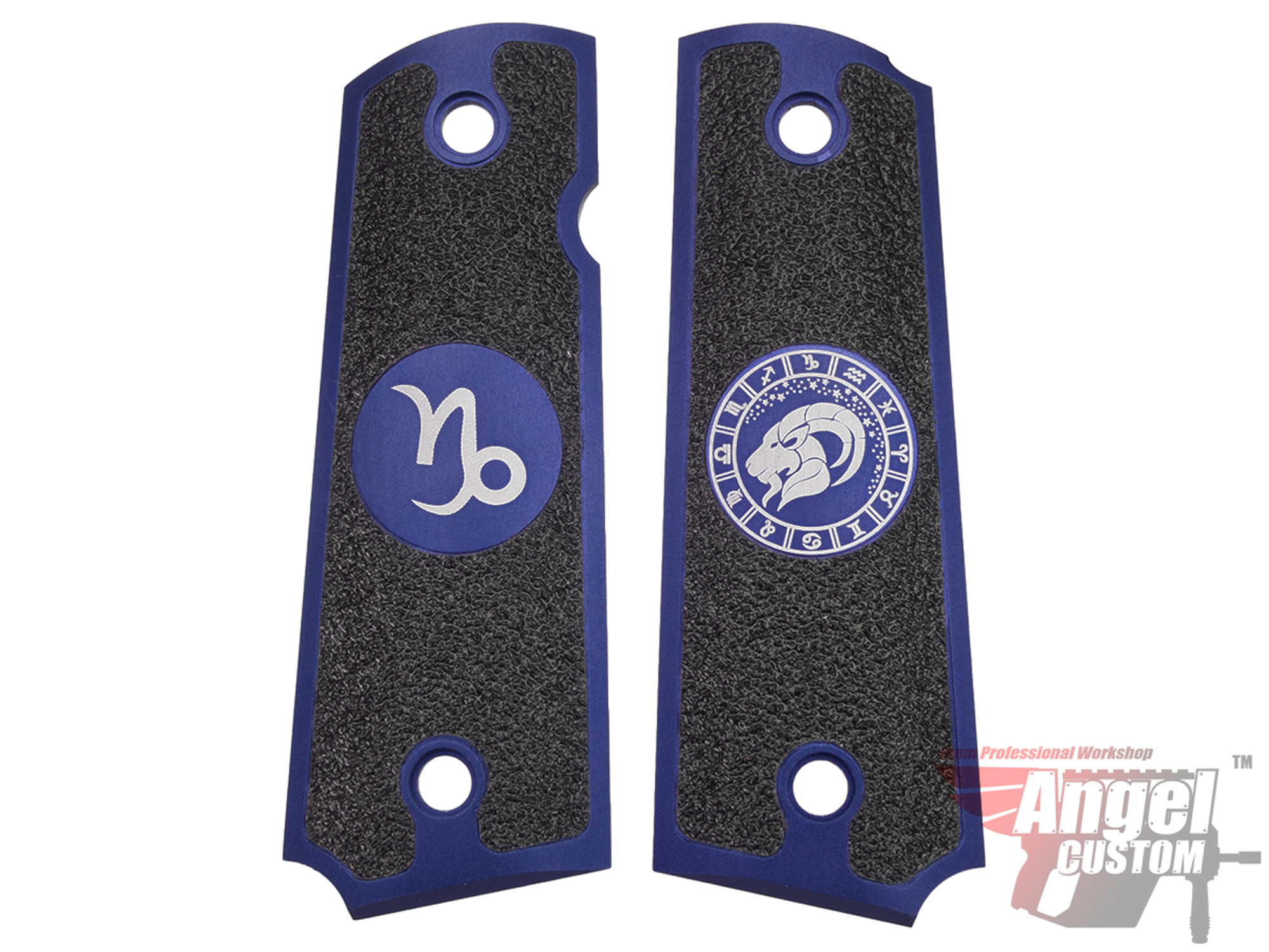 Angel Custom CNC Machined Tac-Glove "Zodiac" Grips for Tokyo Marui/KWA/Western Arms 1911 Series Airsoft Pistols - Navy Blue (Sign: Capricorn)
