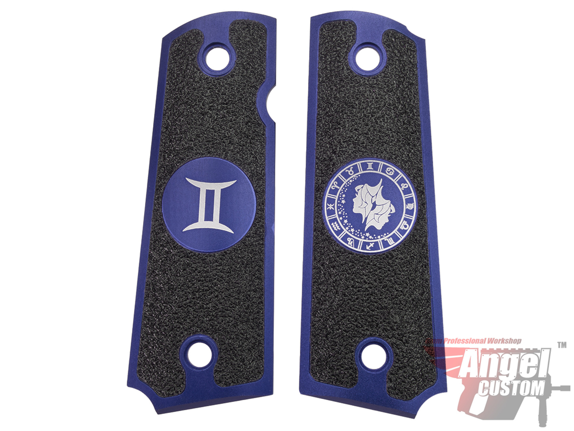 Angel Custom CNC Machined Tac-Glove "Zodiac" Grips for Tokyo Marui/KWA/Western Arms 1911 Series Airsoft Pistols - Navy Blue (Sign: Gemini)