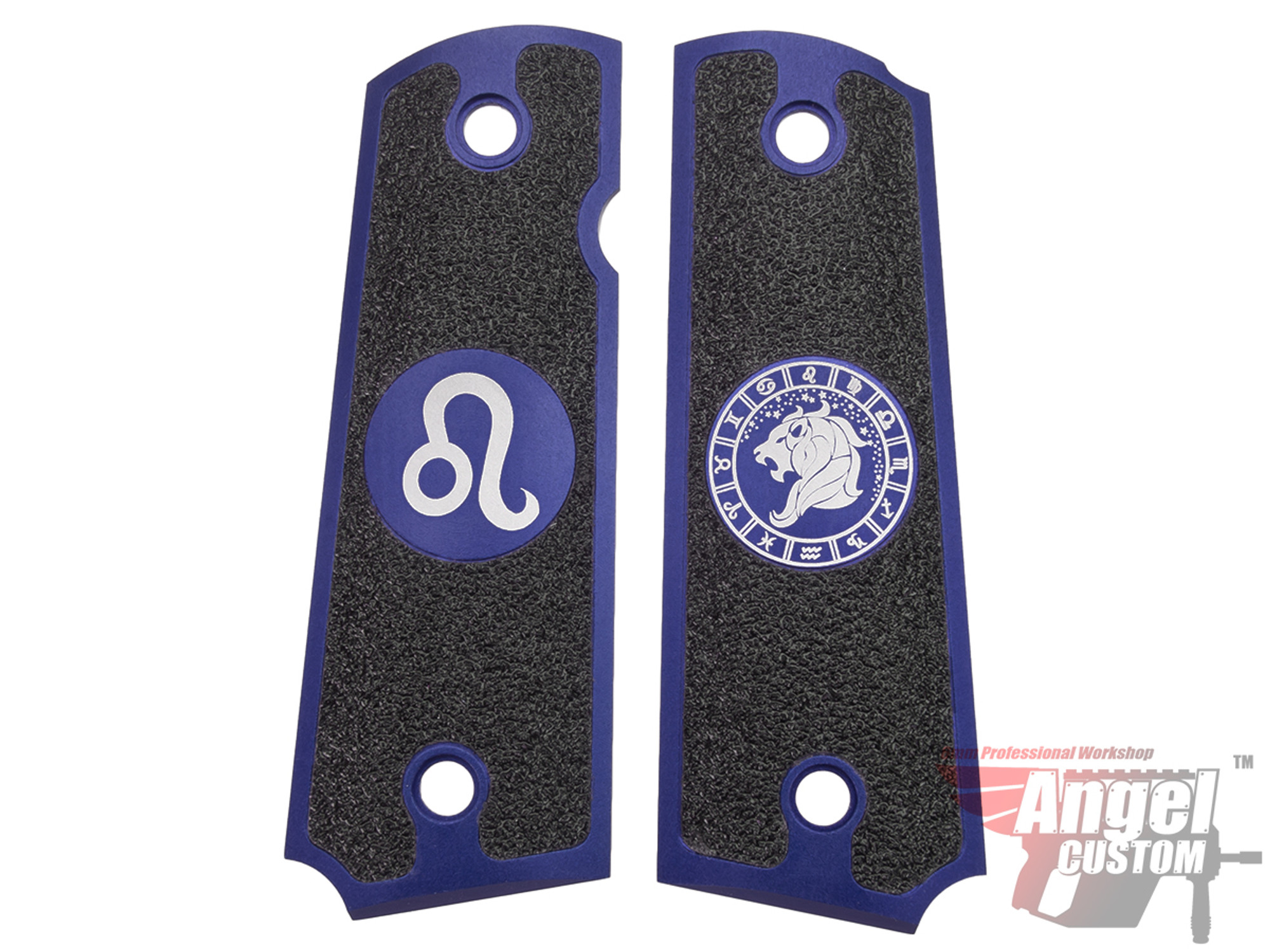 Angel Custom CNC Machined Tac-Glove "Zodiac" Grips for Tokyo Marui/KWA/Western Arms 1911 Series Airsoft Pistols - Navy Blue (Sign: Leo)
