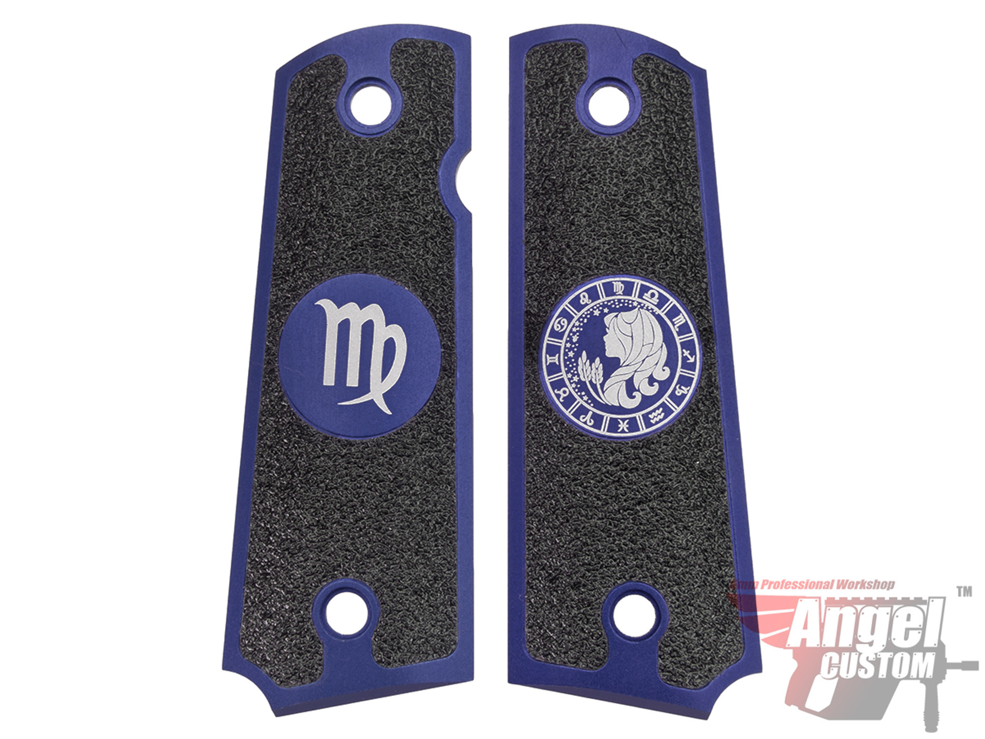 Angel Custom CNC Machined Tac-Glove "Zodiac" Grips for Tokyo Marui/KWA/Western Arms 1911 Series Airsoft Pistols - Navy Blue (Sign: Virgo)
