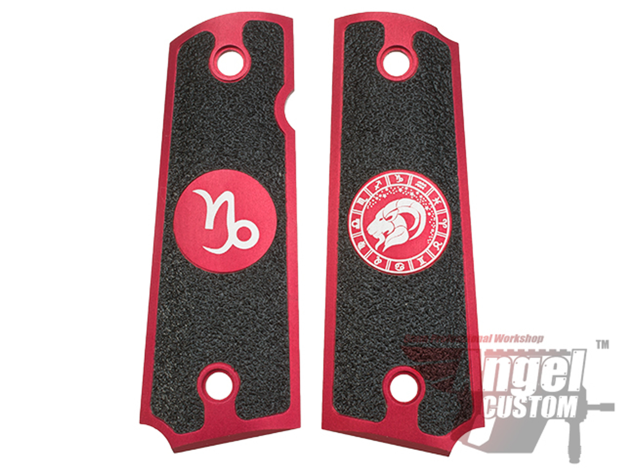 Angel Custom CNC Machined Tac-Glove "Zodiac" Grips for Tokyo Marui/KWA/Western Arms 1911 Series Airsoft Pistols - Red (Sign: Capricorn)