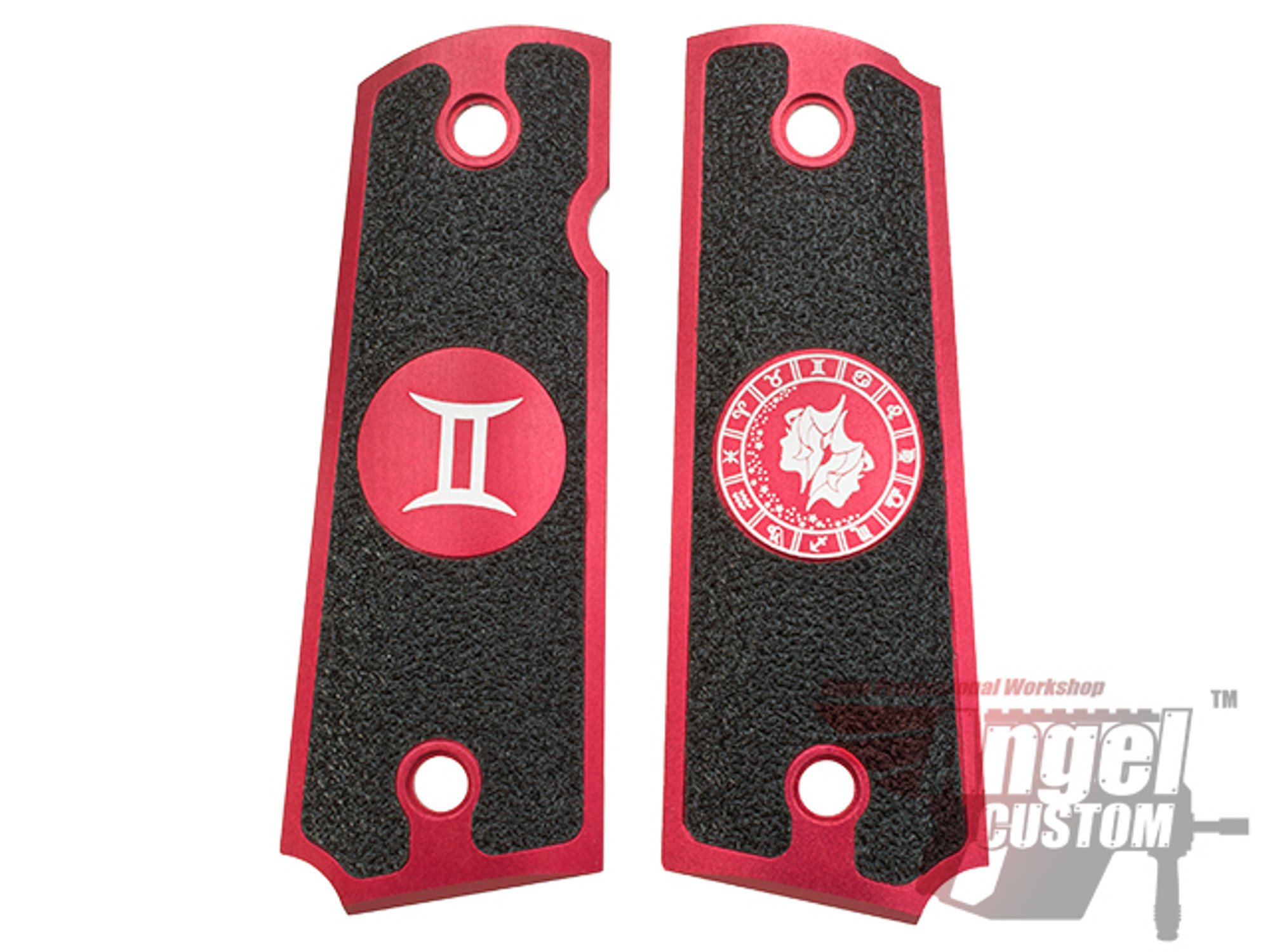 Angel Custom CNC Machined Tac-Glove "Zodiac" Grips for Tokyo Marui/KWA/Western Arms 1911 Series Airsoft Pistols - Red (Sign: Gemini)