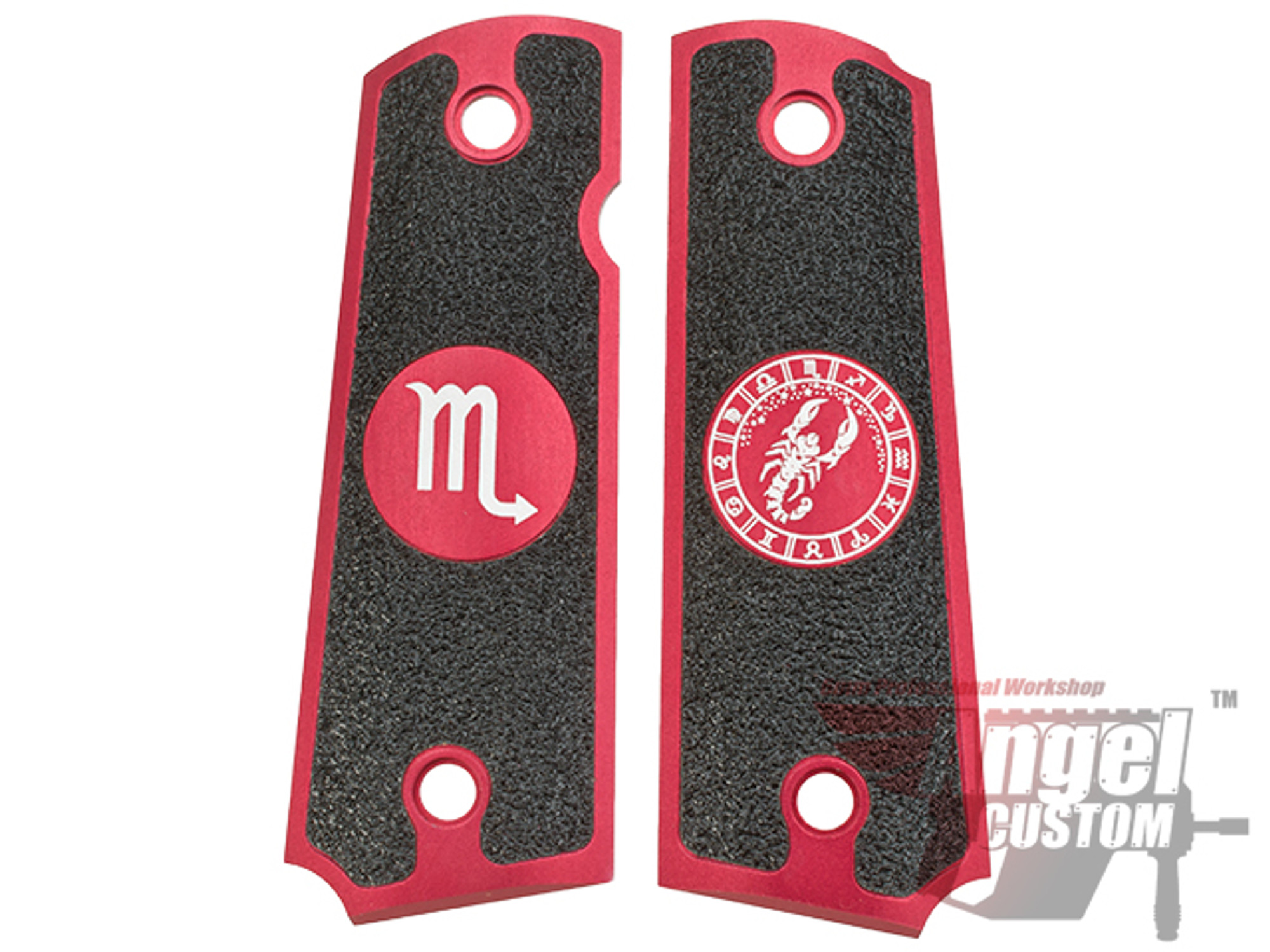 Angel Custom CNC Machined Tac-Glove "Zodiac" Grips for Tokyo Marui/KWA/Western Arms 1911 Series Airsoft Pistols - Red (Sign: Scorpio)