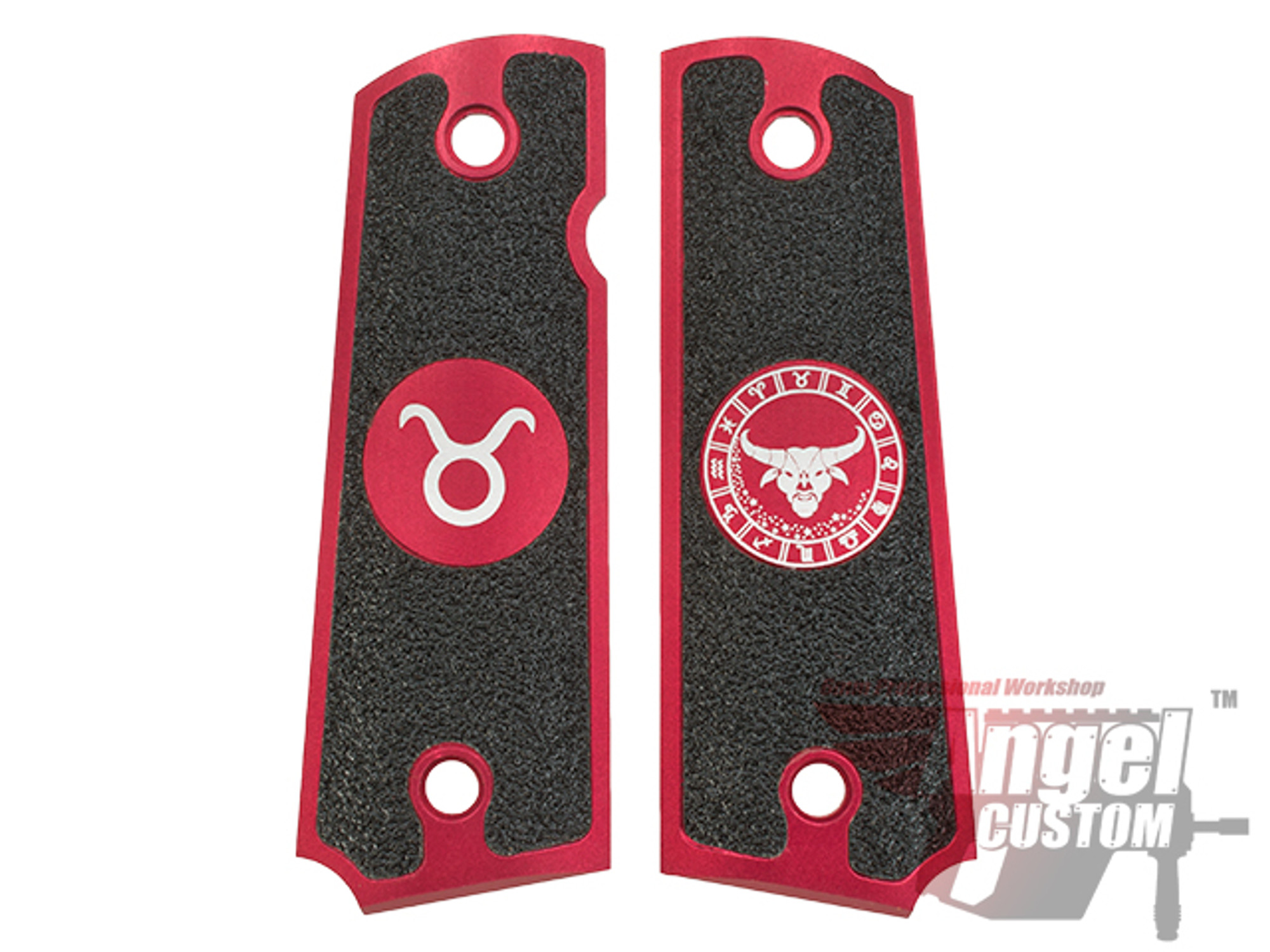 Angel Custom CNC Machined Tac-Glove "Zodiac" Grips for Tokyo Marui/KWA/Western Arms 1911 Series Airsoft Pistols - Red (Sign: Taurus)