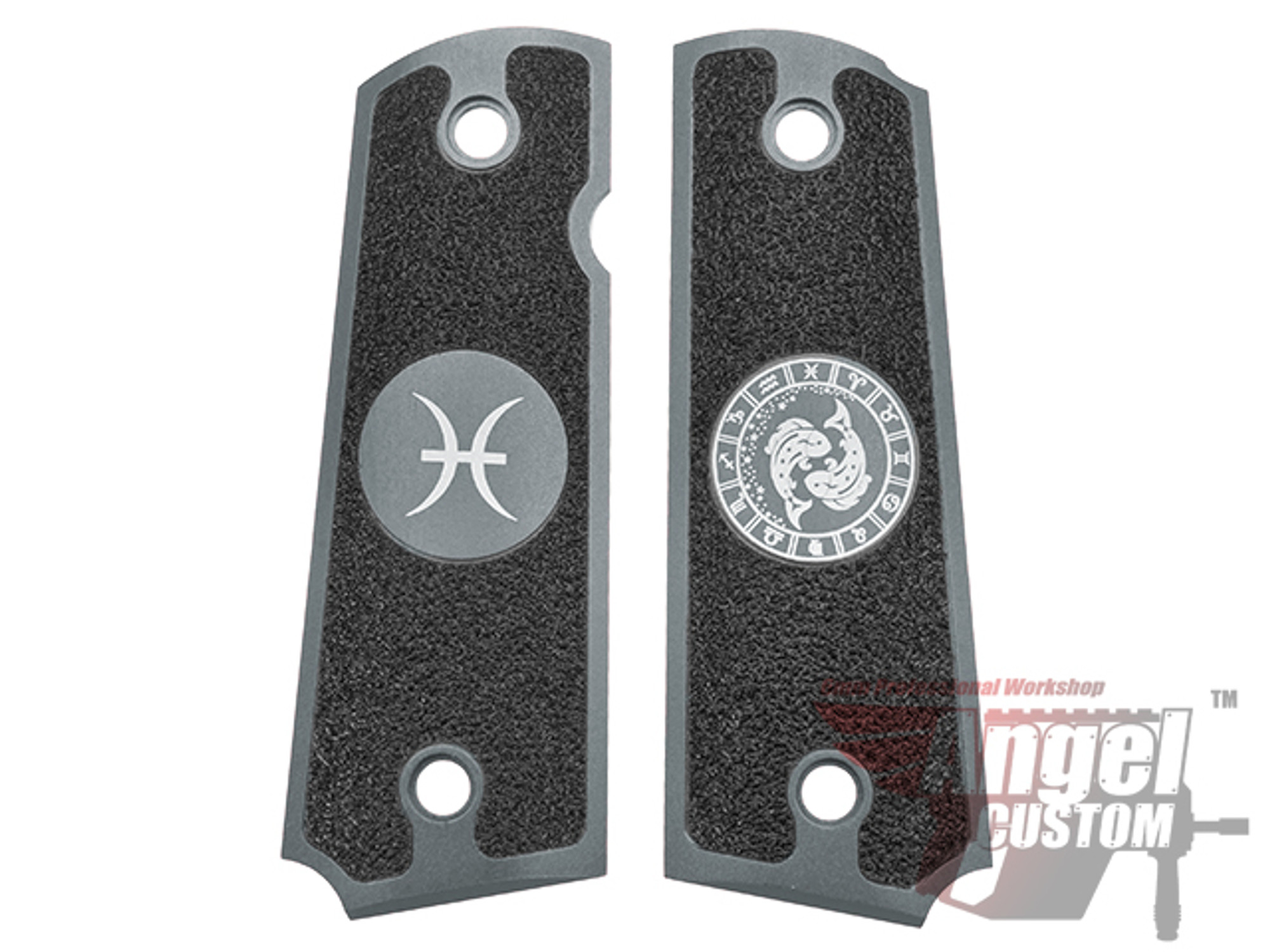 Angel Custom CNC Machined Tac-Glove "Zodiac" Grips for WE-Tech 1911 Series Airsoft Pistols - Dark Grey (Sign: Pisces)