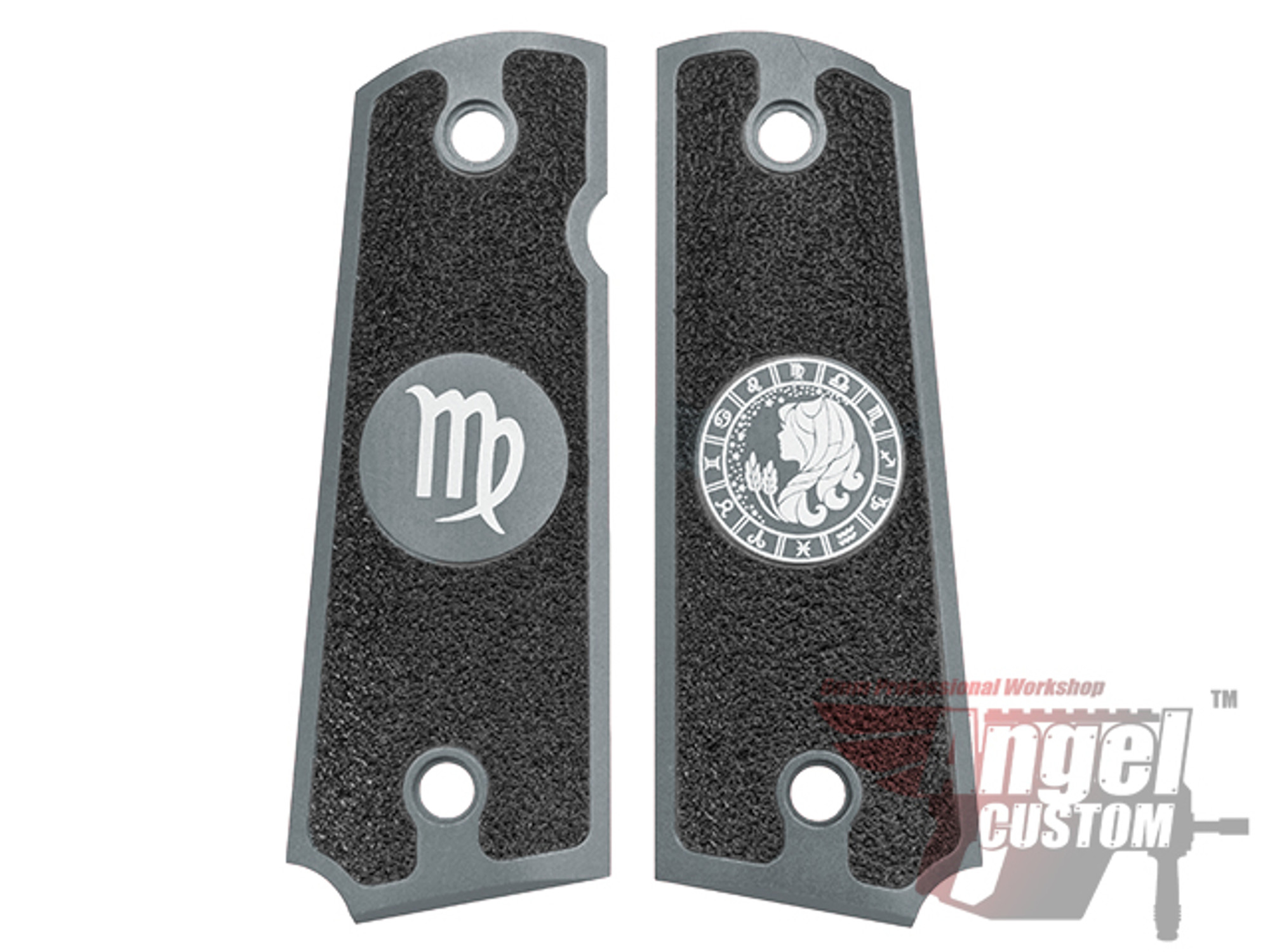 Angel Custom CNC Machined Tac-Glove "Zodiac" Grips for WE-Tech 1911 Series Airsoft Pistols - Dark Grey (Sign: Virgo)