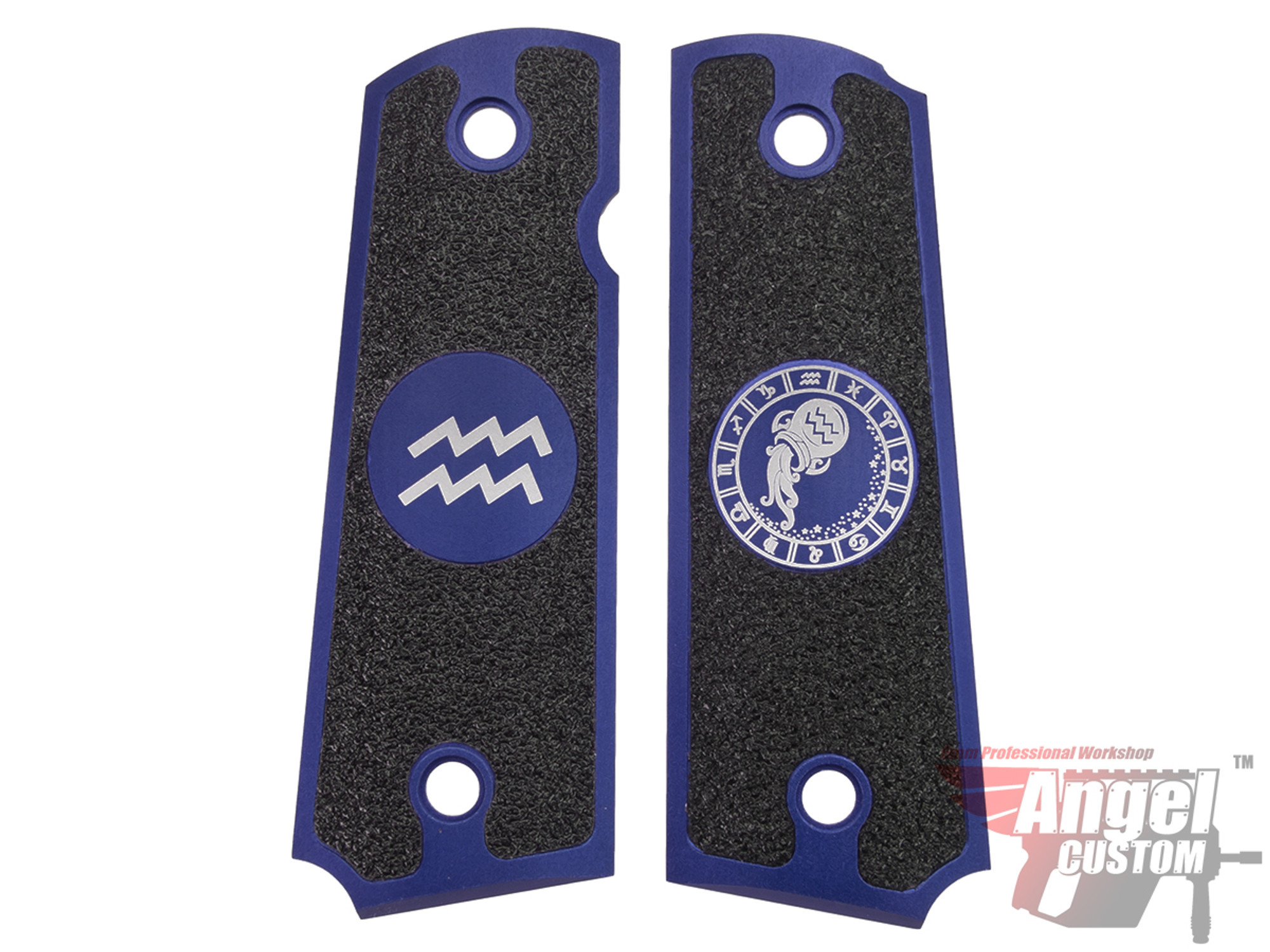 Angel Custom CNC Machined Tac-Glove "Zodiac" Grips for WE-Tech 1911 Series Airsoft Pistols - Navy Blue (Sign: Aquarius)