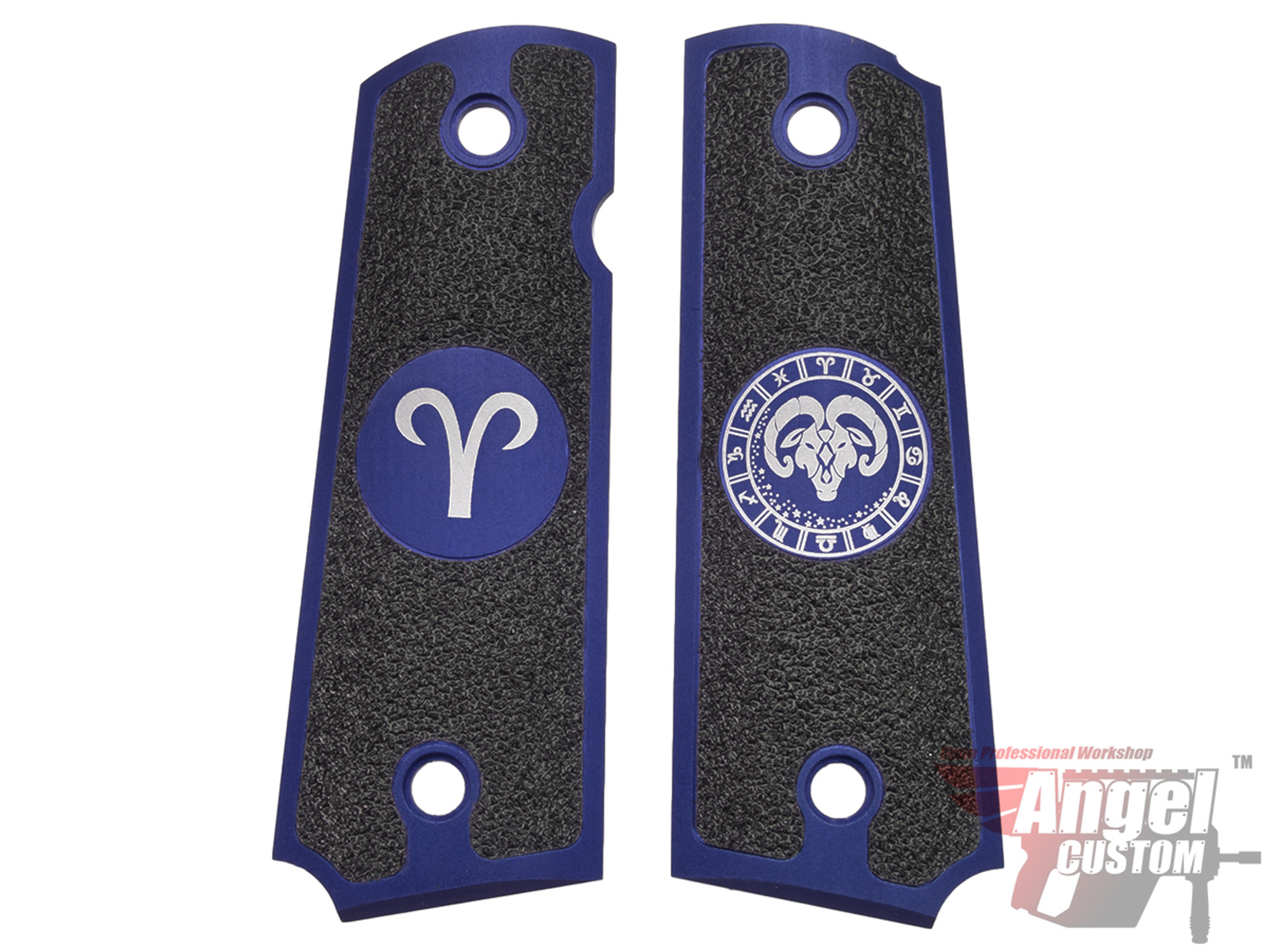 Angel Custom CNC Machined Tac-Glove "Zodiac" Grips for WE-Tech 1911 Series Airsoft Pistols - Navy Blue (Sign: Aries)