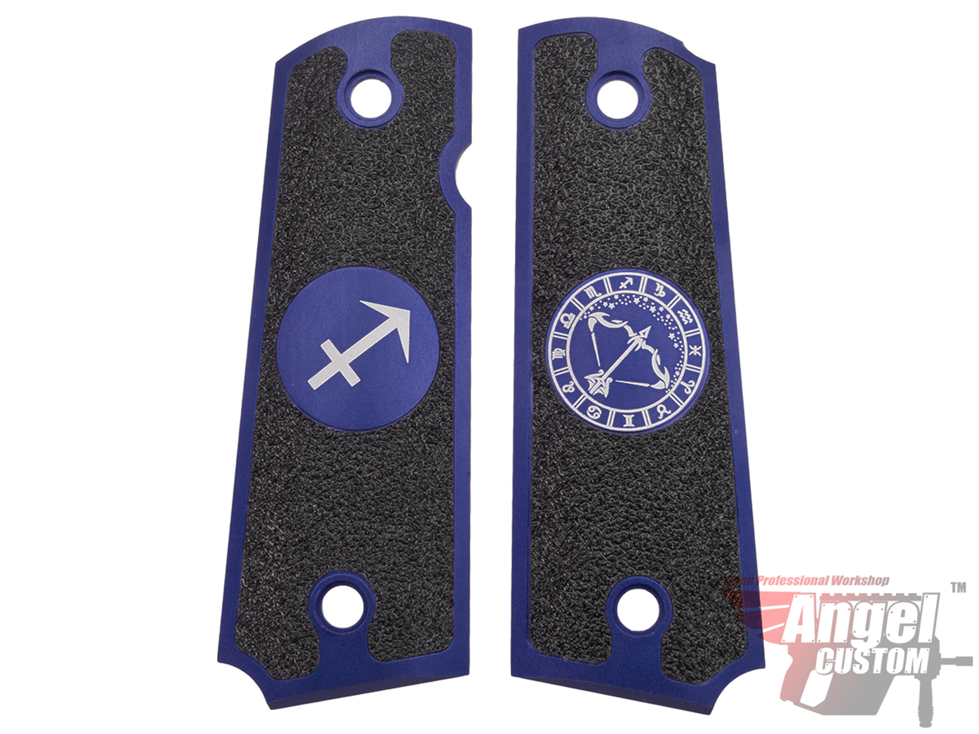 Angel Custom CNC Machined Tac-Glove "Zodiac" Grips for WE-Tech 1911 Series Airsoft Pistols - Navy Blue (Sign: Sagittarius)