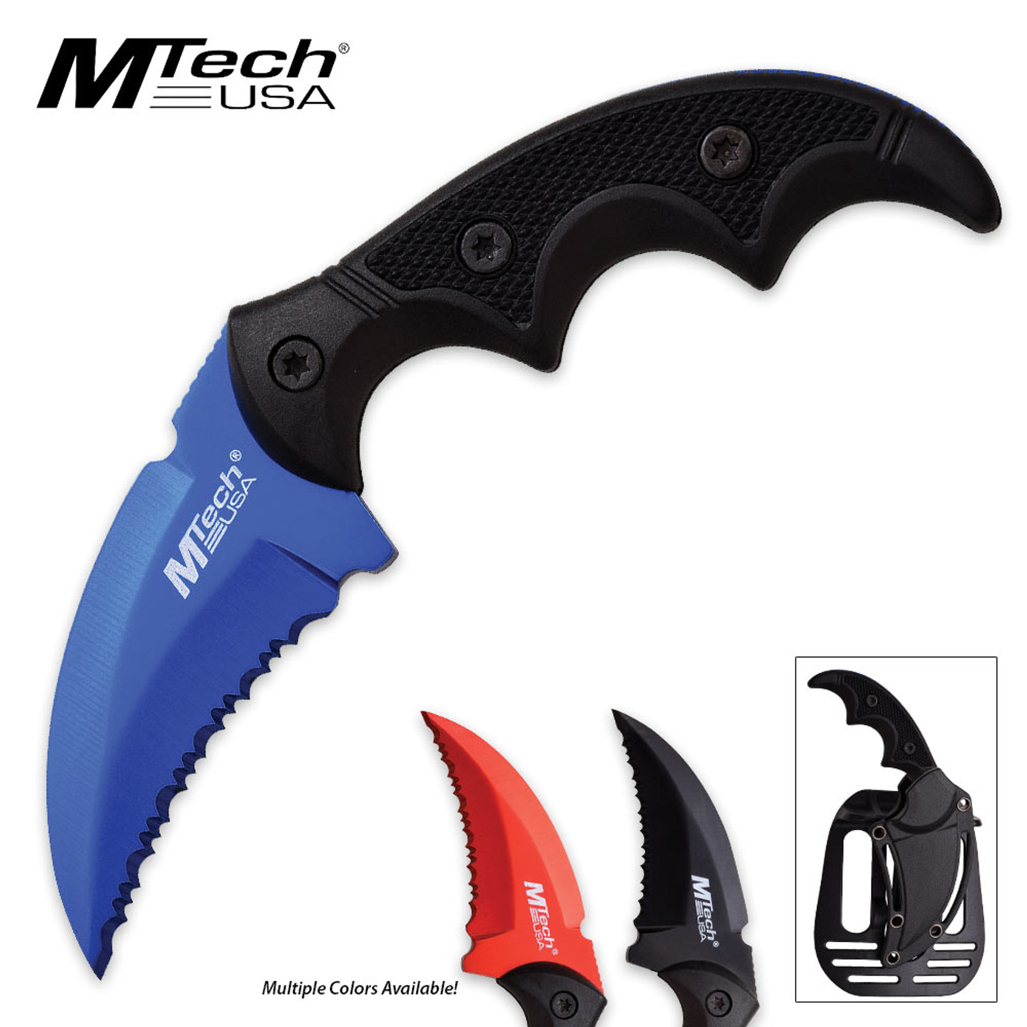 MTech USA Serrated G10 Textured Handle Fixed Blade Knife Blue
