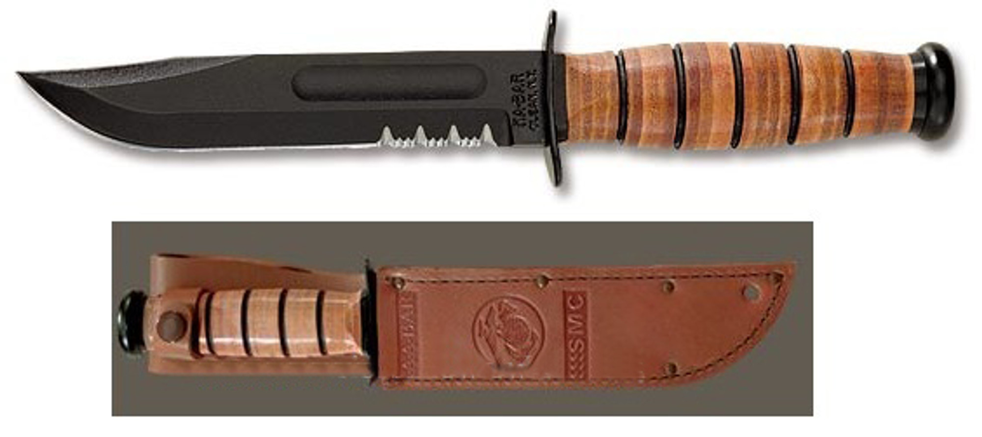 Ka-Bar 1252 Short USMC Serrated w/Leather Sheath