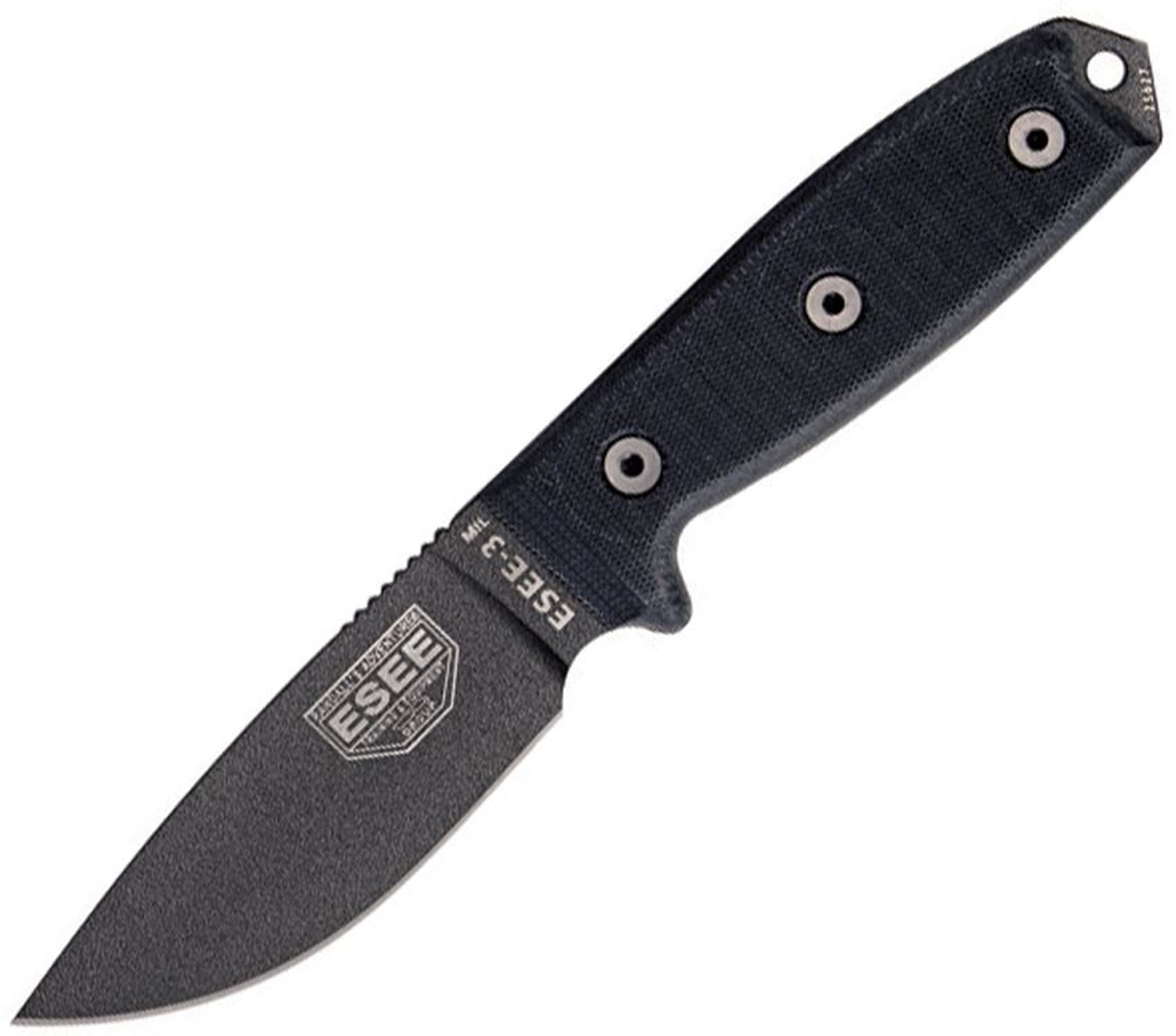 ESEE 3MIL-P-BLK Black Plain Edge G-10 Handle, Black Sheath