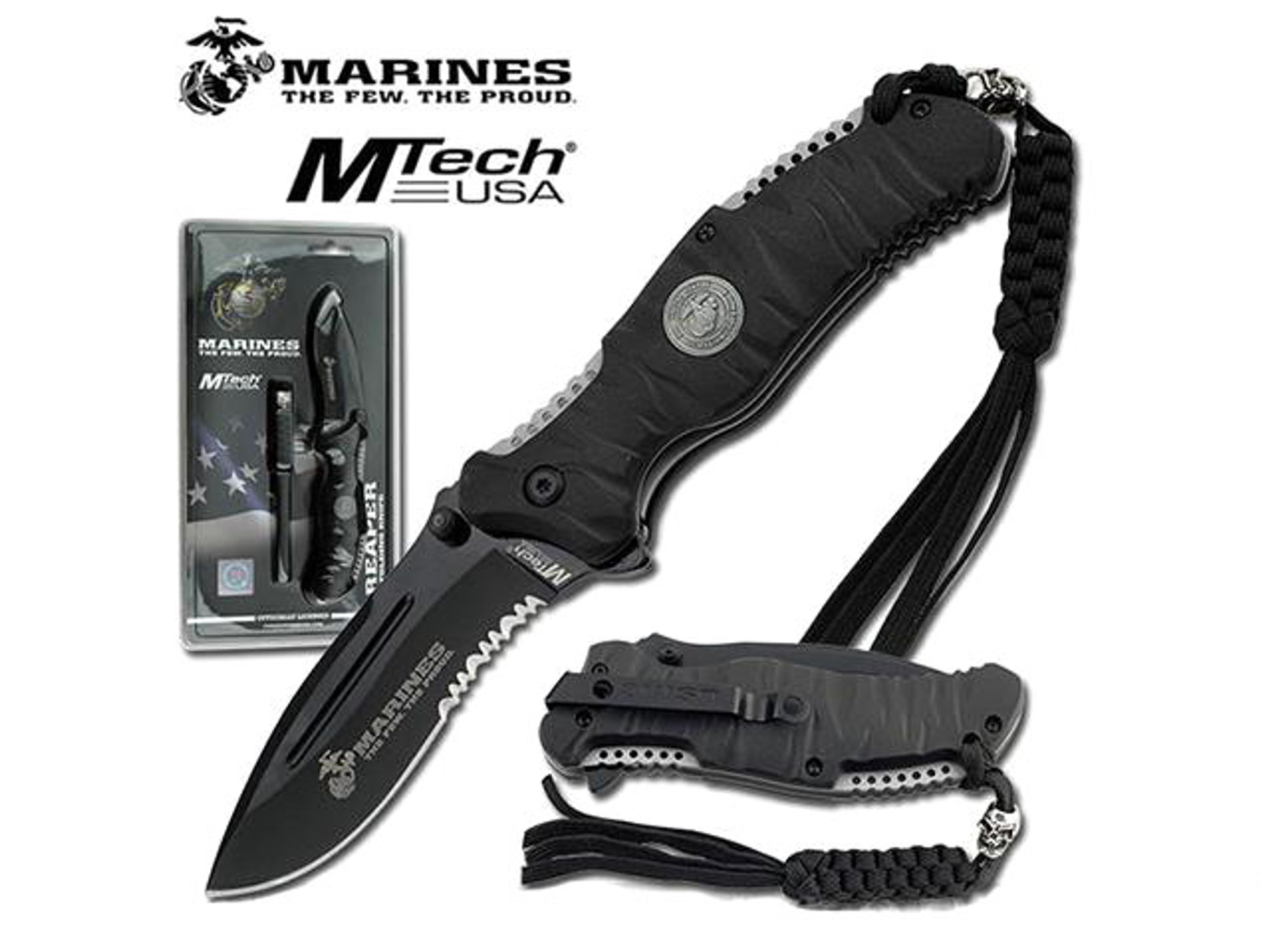 USMC Marine Reaper Assisted Opening Folding Knife with 3 5/8 Blade - Black  - Hero Outdoors