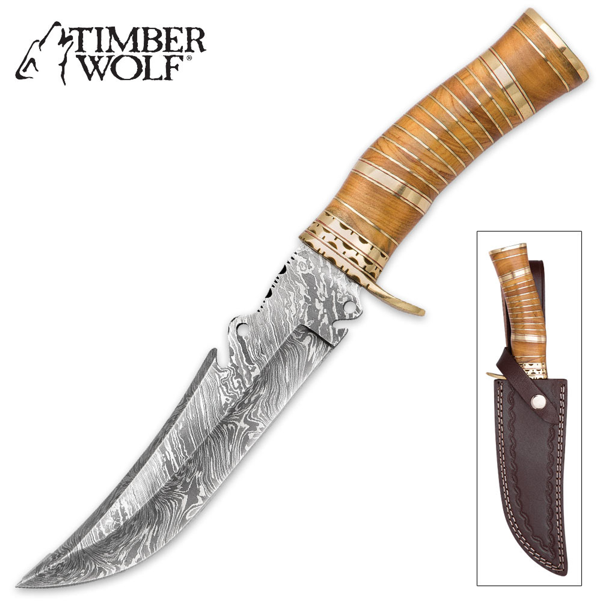 Timber Wolf Ancient Wood Damascus Steel and Olivewood Bowie Knife w/ Leather Sheath