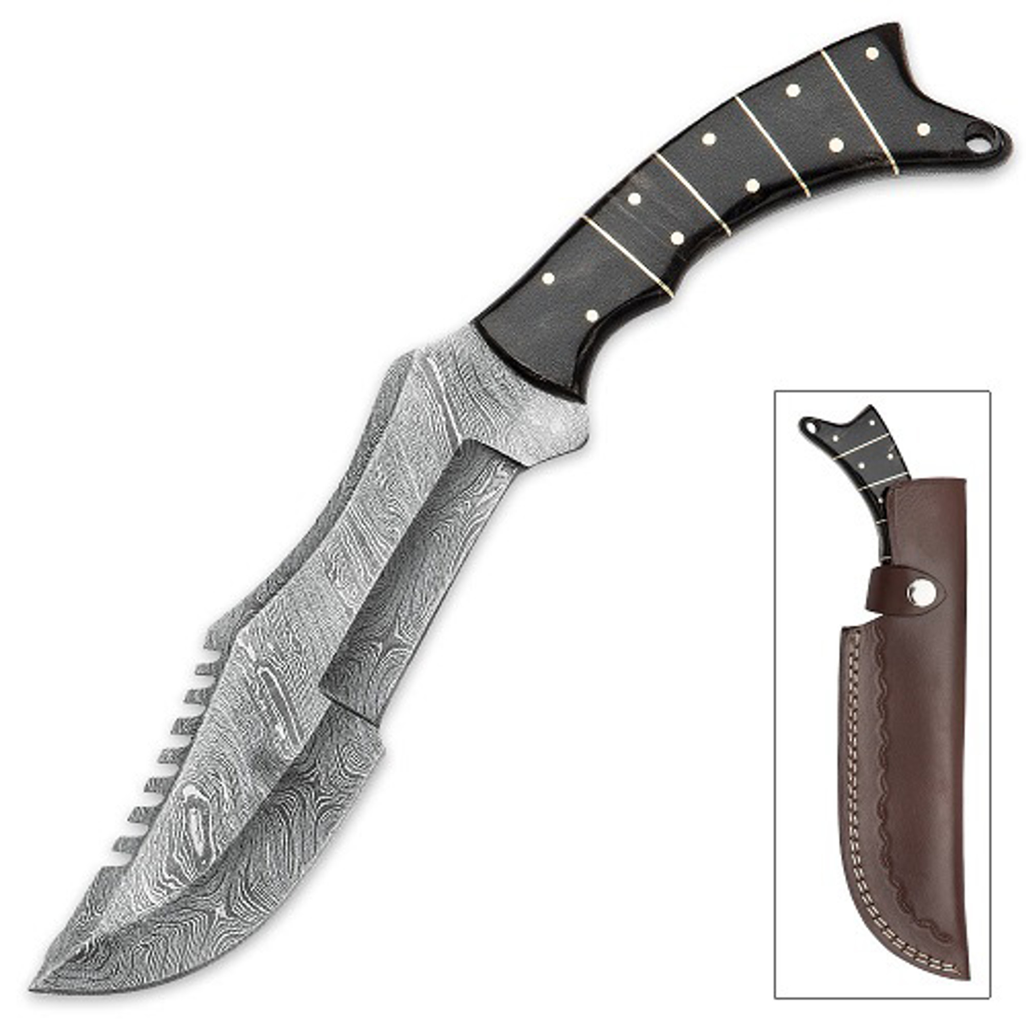 Timber Wolf Damascus Steel Bowie, Buffalo Horn Handle