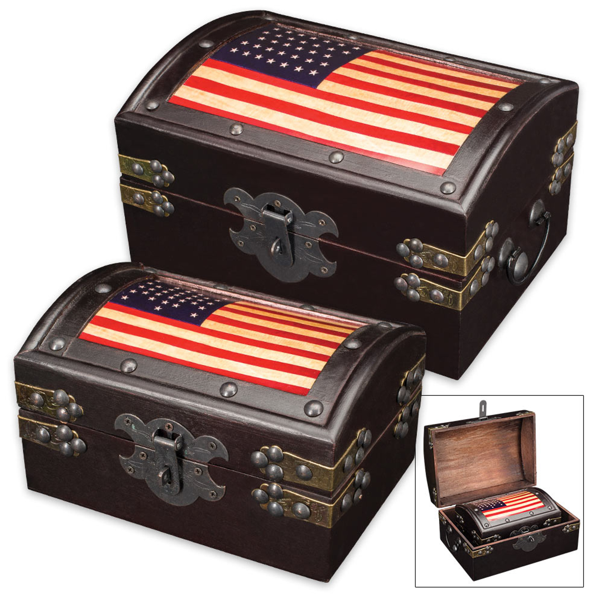 American Flag Rustic Wooden Trunk Set