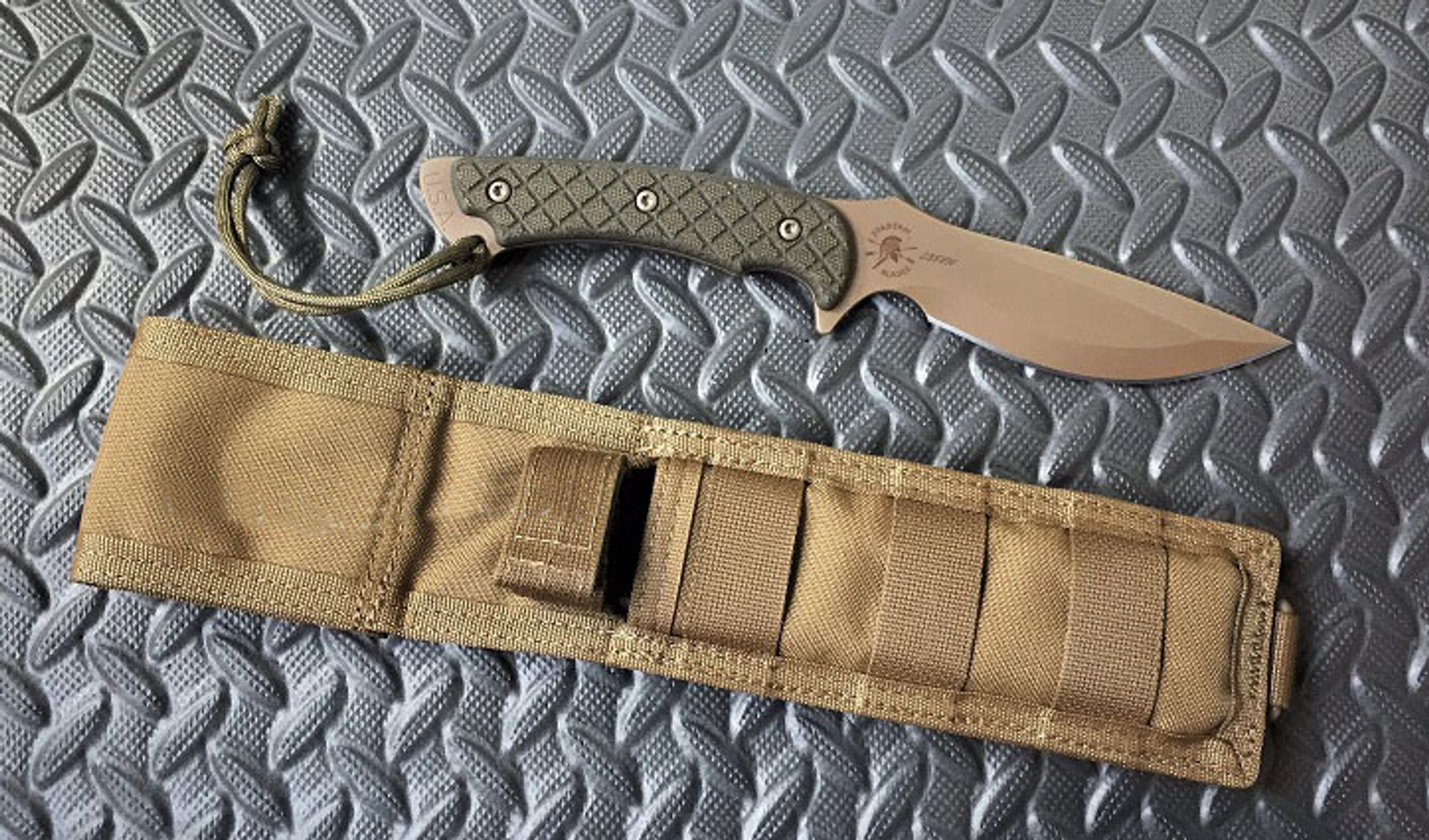 Spartan Blades Nyx FDE - Tan MOLLE Sheath - Green Micarta