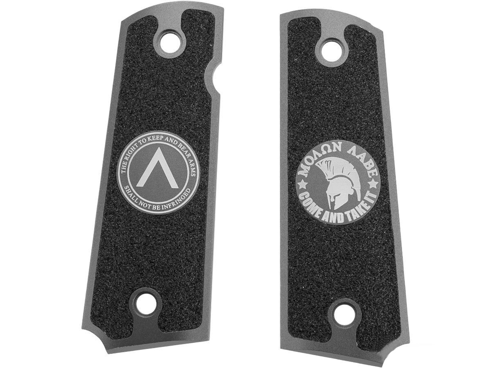 Angel Custom CNC Machined Tac-Glove Universal Grips for 1911 Series Airsoft Pistols (Color: Dark Grey / Molon labe)