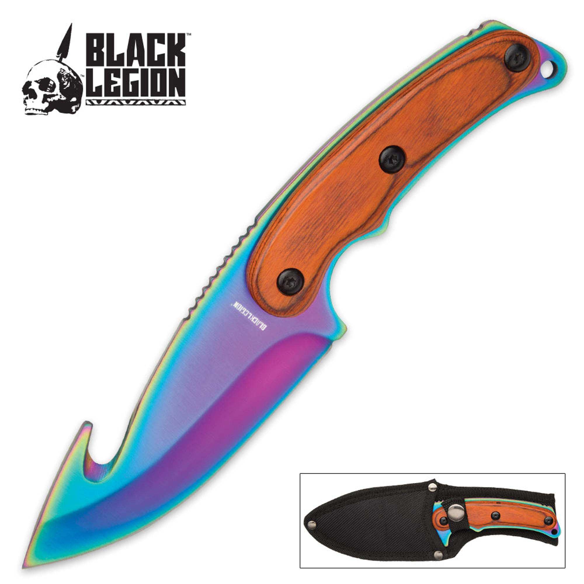 Black Legion CS:GO Gut Knife with Nylon Belt Sheath | Iridescent Rainbow Titanium Finish