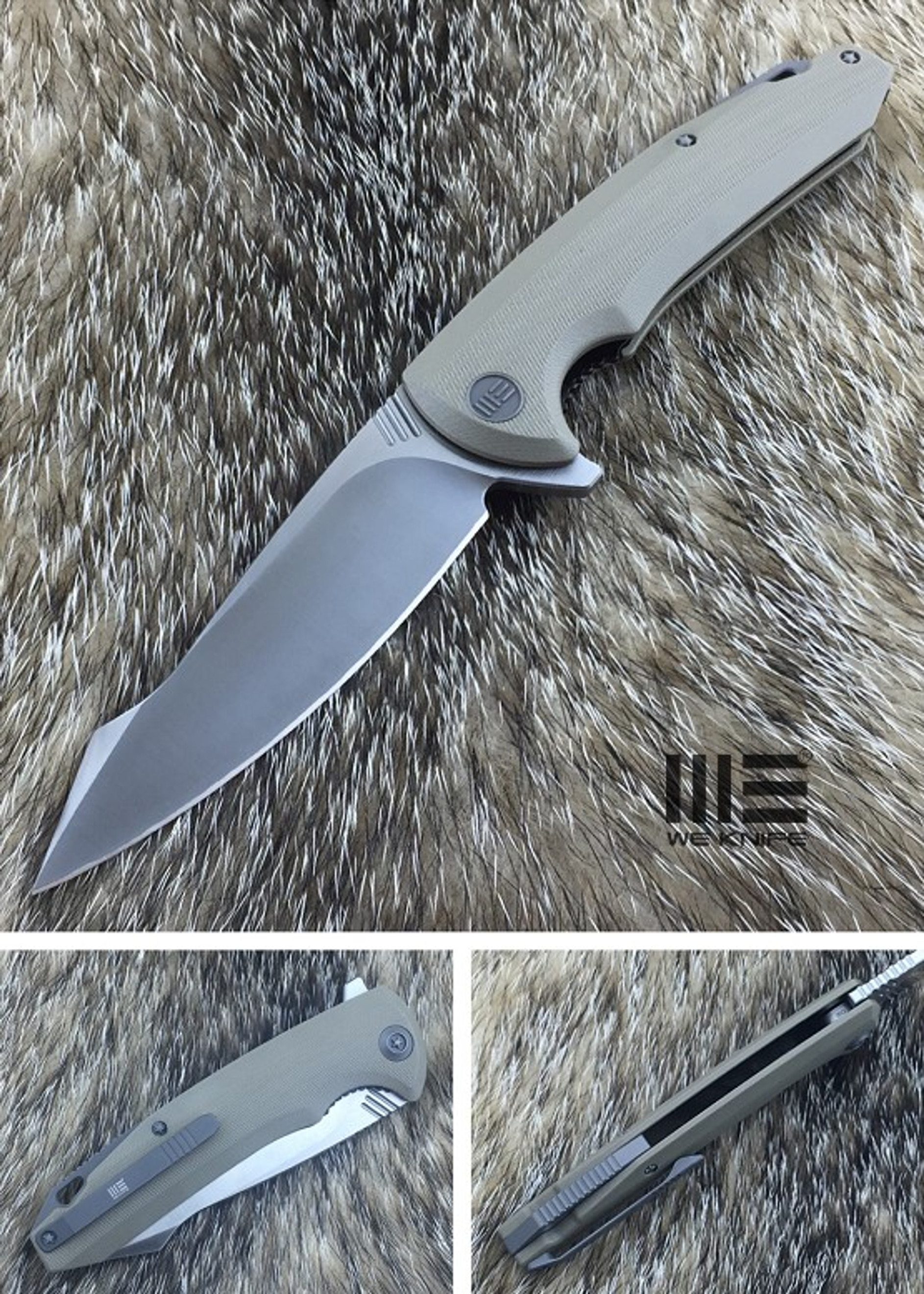 WE Knife 617F Satin D2 Linerlock Flipper, Tan G10 Handle