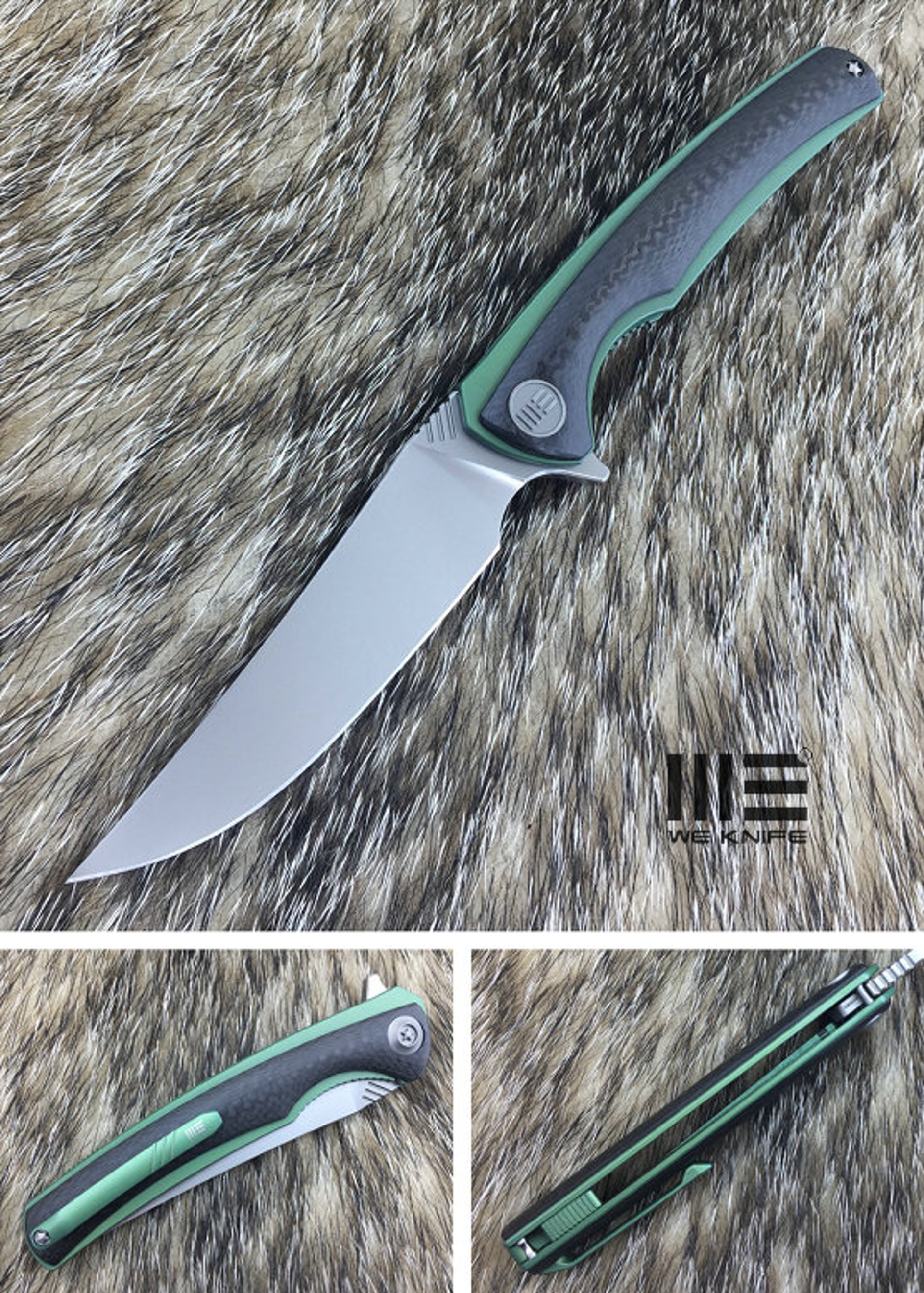 We Knife 704CFC Flipper M390 Liner Titanium Green & Carbon Fiber