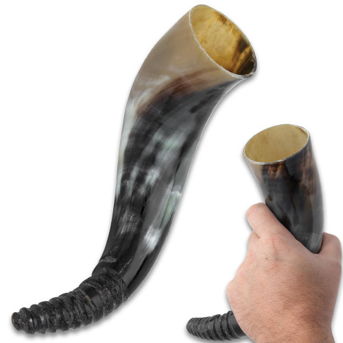 Buffalo Drinking Horn With Deep-Etched Design - Genuine Buffalo Horn