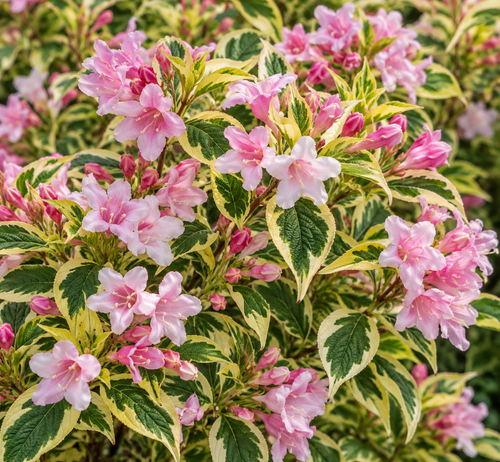Weigela Nana Variegata 40-50cm XL Pink Flowering Variegated Shrub 5L Pot – Instant Gardening By Direct Plants