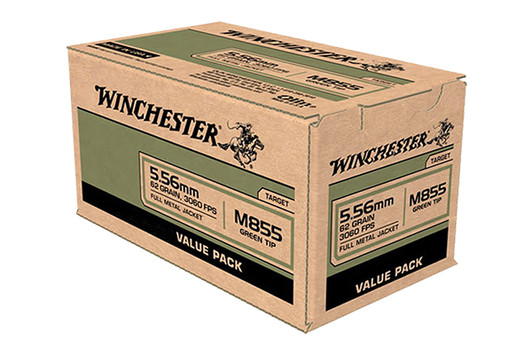 Winchester 5.56mm M855 NATO Ammo 62 Grain Green Tip FMJ 500 Rounds WM855500