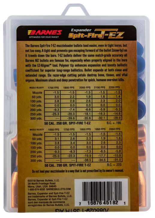 Barnes .50 Caliber .451" Diameter 250 Grain Spit-Fire T-EZ Lead Free Flat Base Polymer Tipped Muzzleloader Bullet With Sabot 24 Count 30601