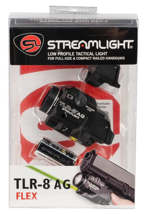 Streamlight TLR-8A Flex Weapon Light White LED with Green Laser with CR123A Battery Fits Picatinny or Glock Style Rails Aluminum Black 69434